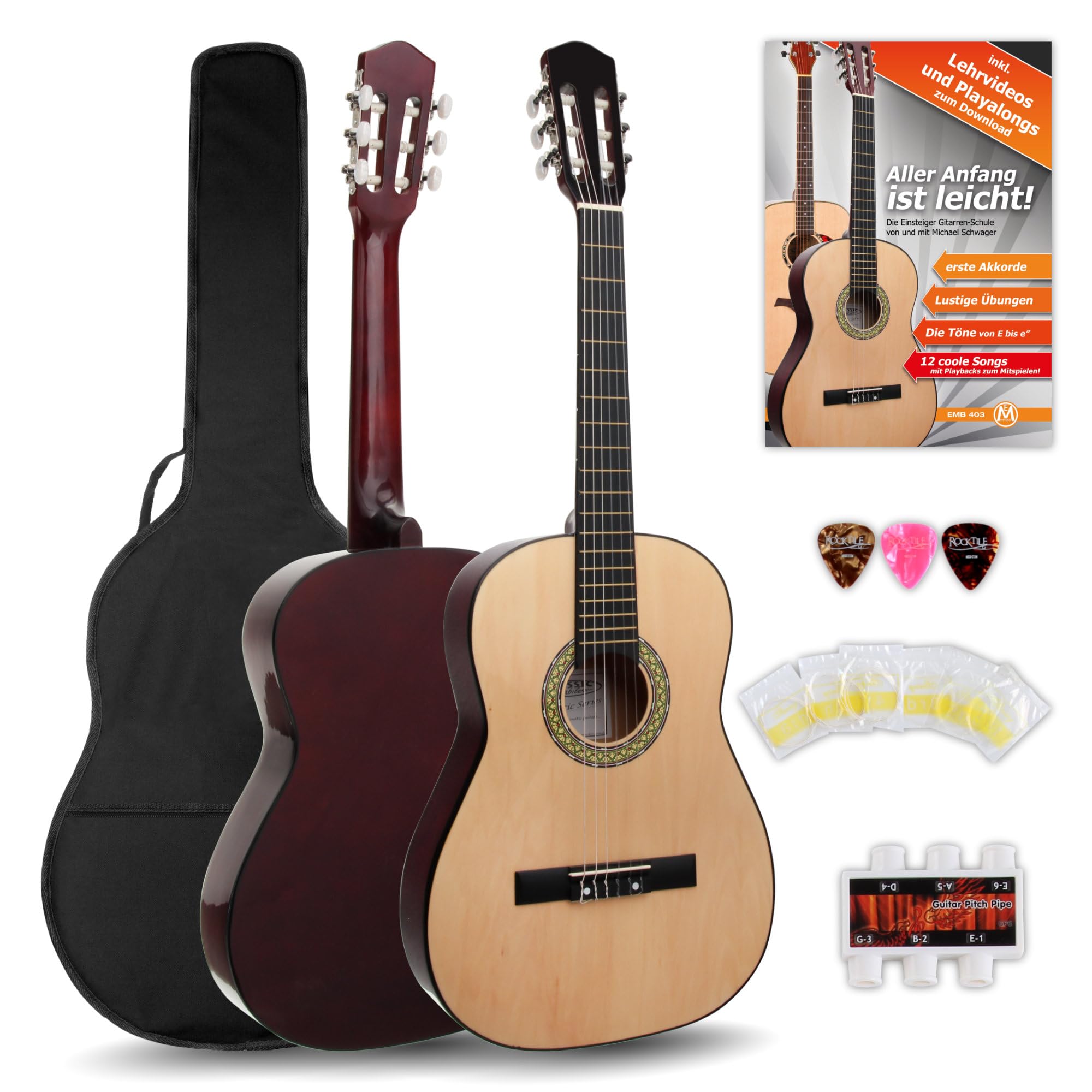 Classic Cantabile AS-851 Pack Guitare Classique 7/8 Nature - Cordes en Nylon d'étude - Guitare de concert idéale pour débutants, enfants - Avec accessoires
