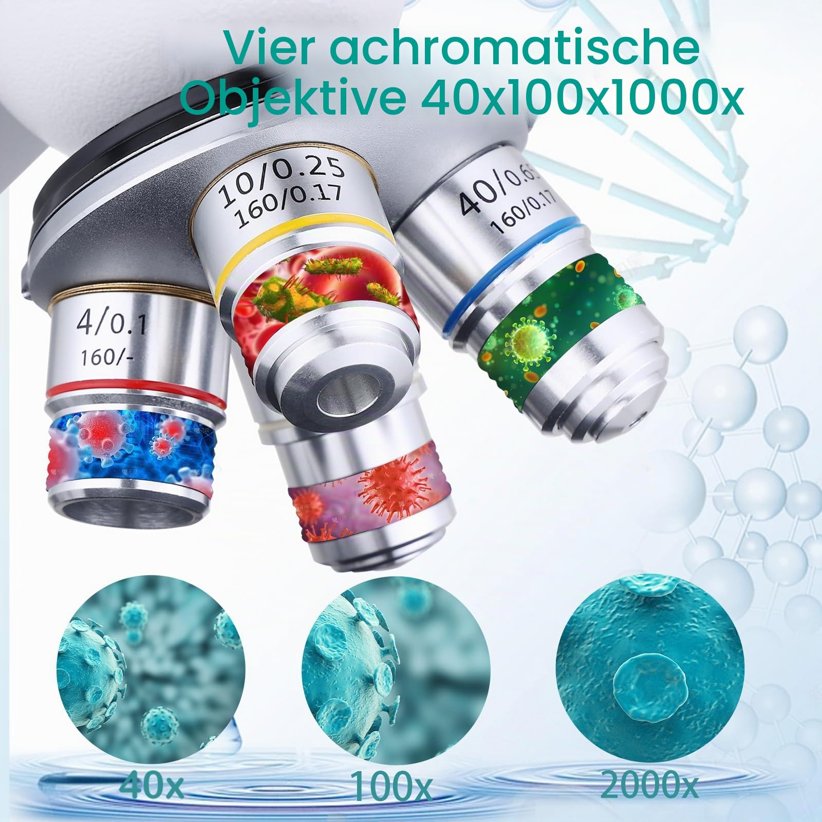 Erbundmikroskop 40X-2500X, WF10x WF25x Okulare, Dual-LED-Beleuchtung, zweilagige mechanische Bühne