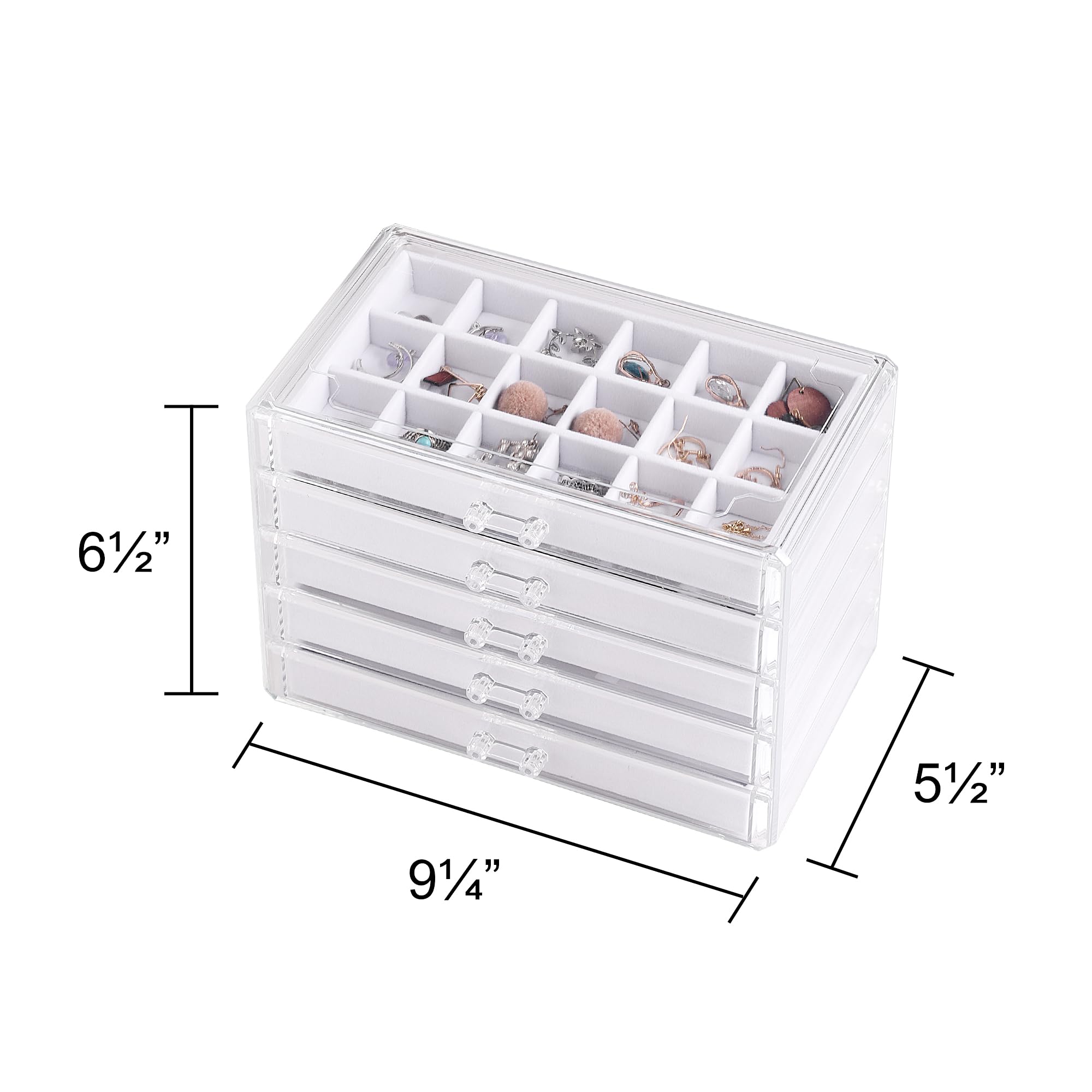 Frebeauty Acryl-Schmuck-Organizer, Ohrring-Organizer-Box mit 5 Schubladen, Organizer mit Samtablagen, transparente Schmuckschatulle für Damen, Ohrring-Display für Ringe, Ohrstecker (weiß)