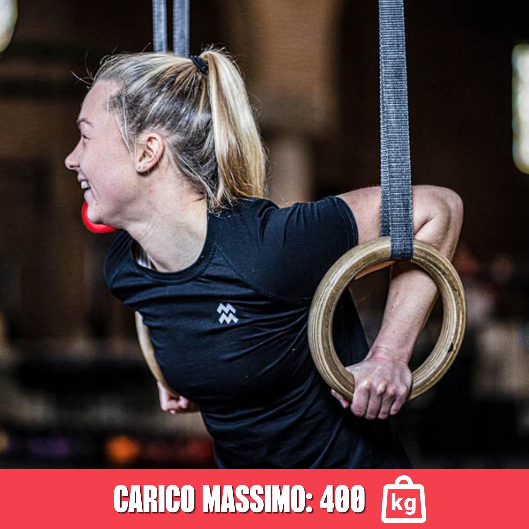 MATCHU - Anelli da Palestra in Legno - Anelli da Palestra in Legno - Anelli da Fitness - Caricabile Fino a 400KG - Regolabile - 2 Pezzi - Cinghie Incluse - Nero