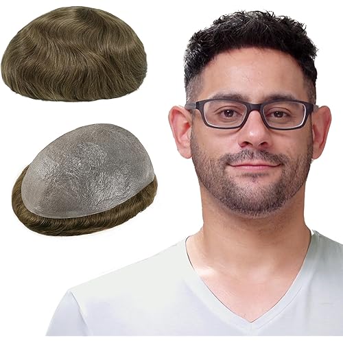 Lordhair Toupee for Men with 100% European human hair 8x10 inch Hairpiece for Men 0.03mm Ultra Thin Skin Hairsystem All V-looped Mens Toupee (Light Brown(ASH))