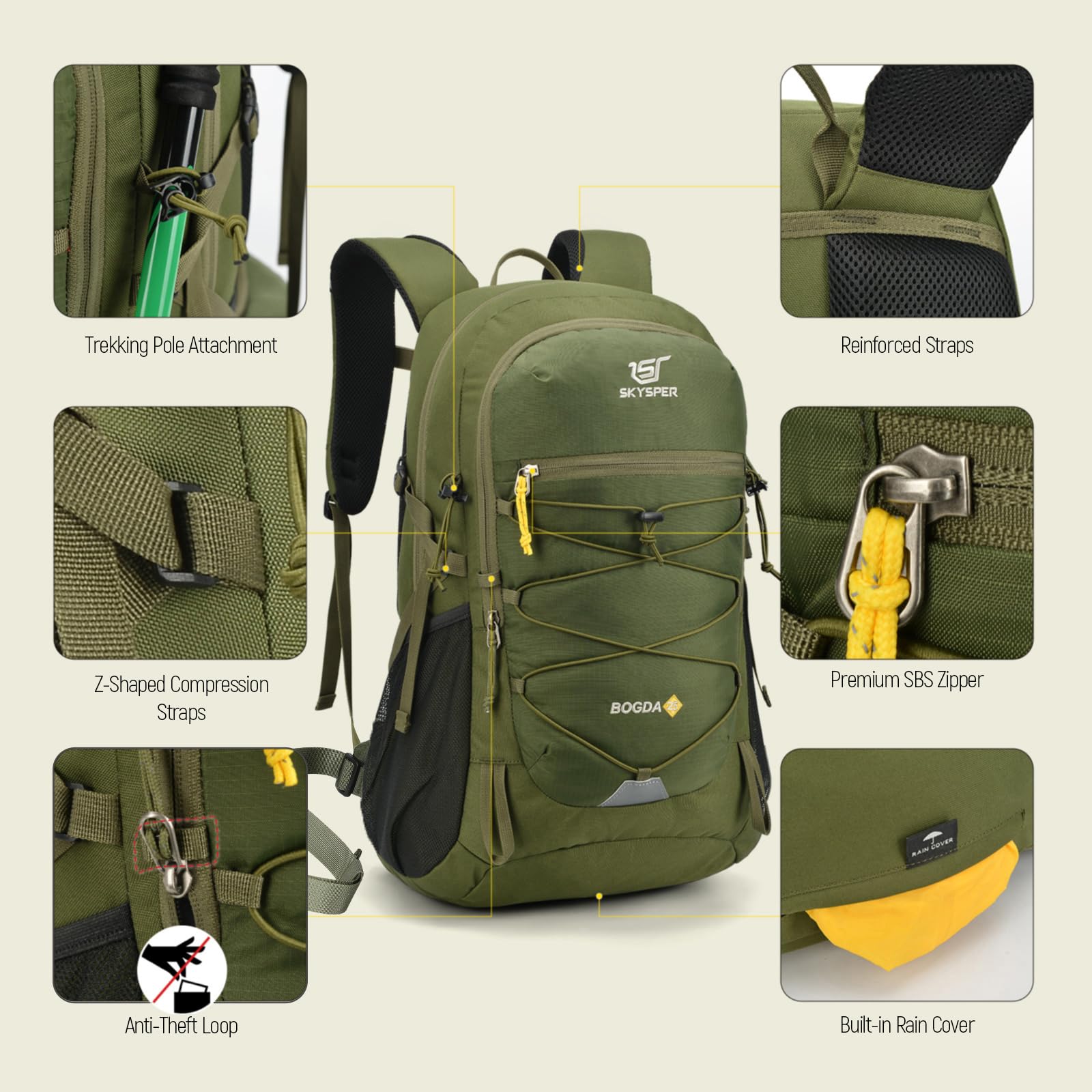 SKYSPER Mochila Senderismo 25L Mochila Montaña Pequeña | con Cubierta de lluvia para Trekking Viaje Caminhada