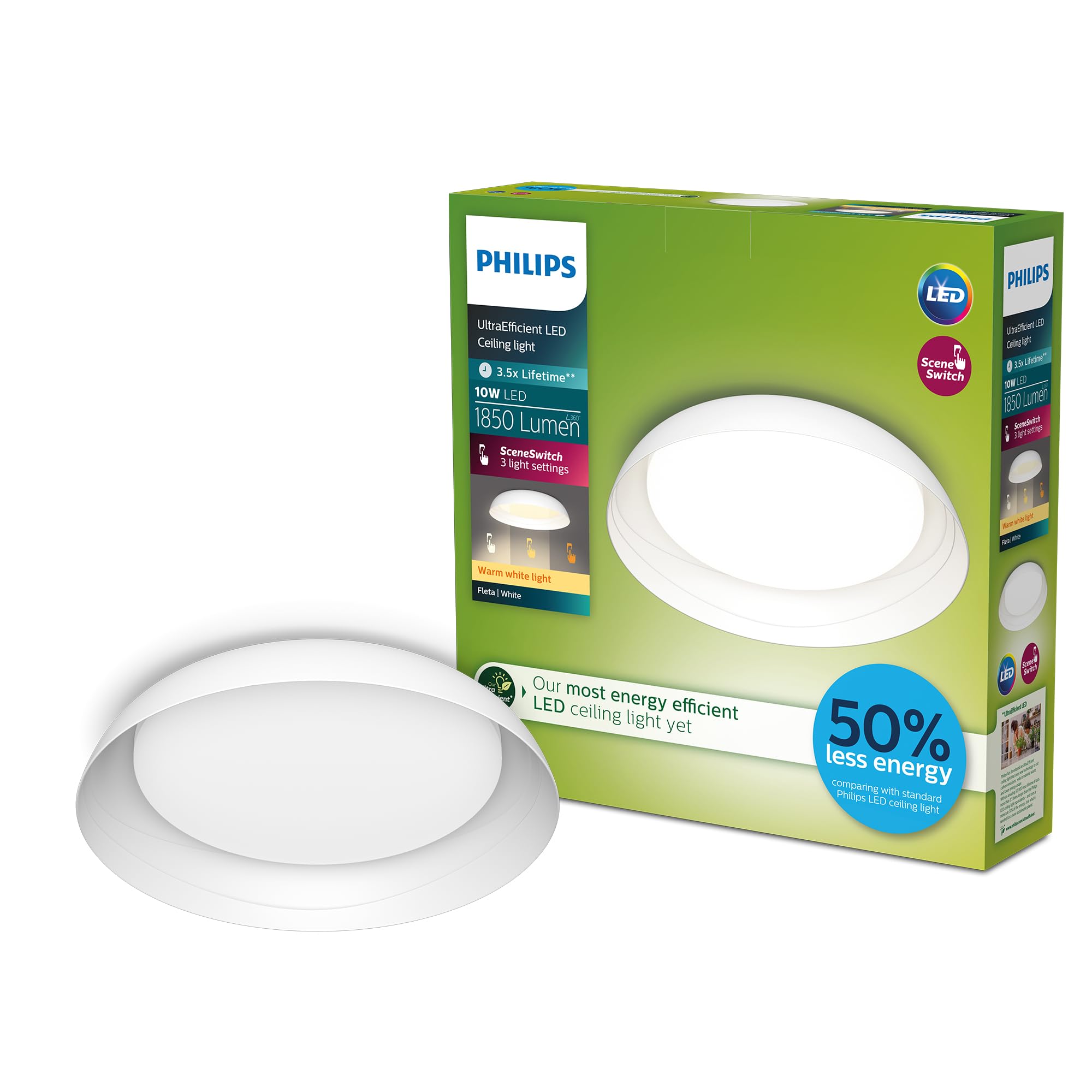 PHILIPS Fleta UltraEfficient Ceiling, SceneSwitch, White, 10W, 1850Lm, 2700K, IP20