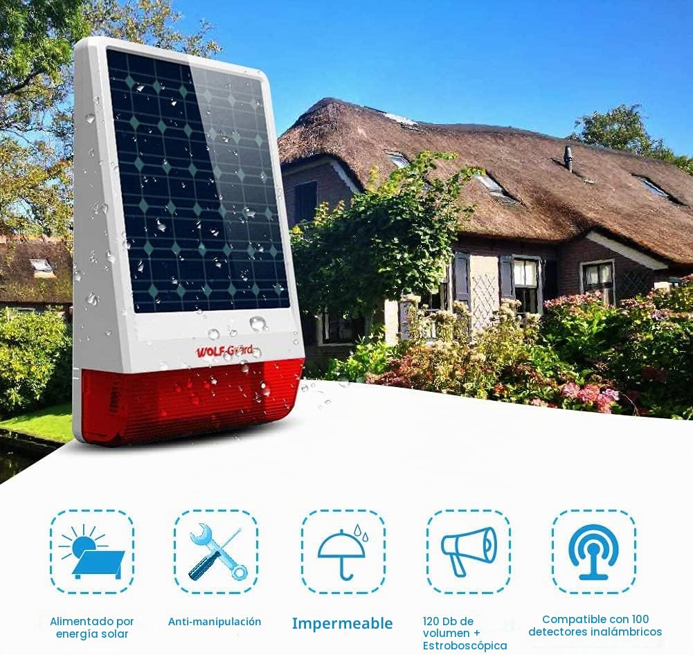 Wolf-Guard JD-W06 Sirena Inalámbrica, 433MHz Exterior Flash LED Solar Estroboscópica como Elemento Disuasorio Adicional, 110db Sirena en Vivo, 12"X7.5", Impermeable