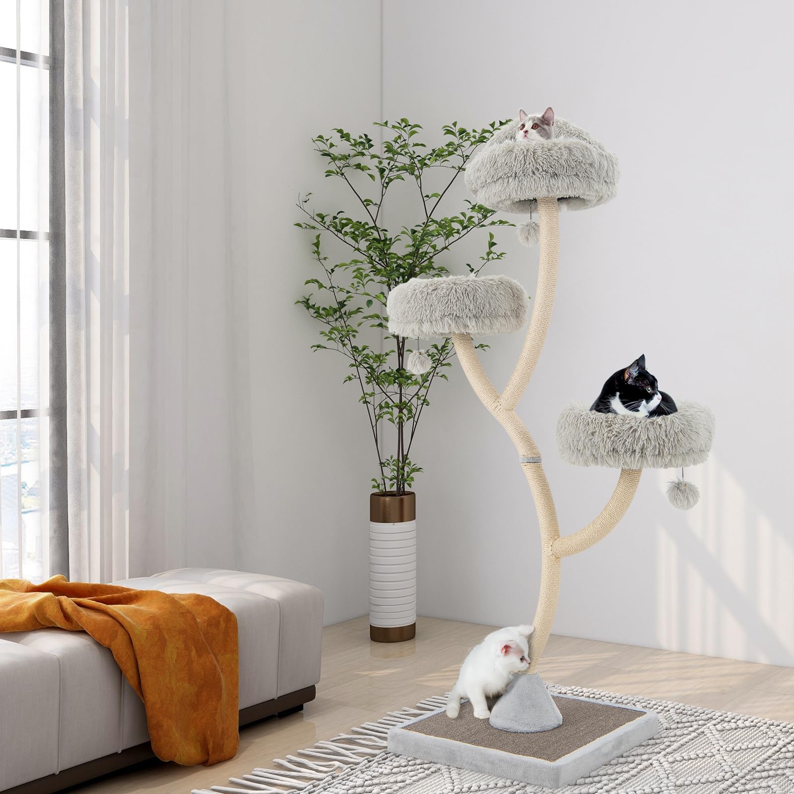 SOARS Albero Tiragraffi per Gatto Alto 180 cm a 4 Livelli, Albero per Gatti Forma di Rami con 3 Nidi e Pompon, Torre Gatti Struttura in Metallo e Base in Sisal, 59 x 59 x 178 cm (Grigio)