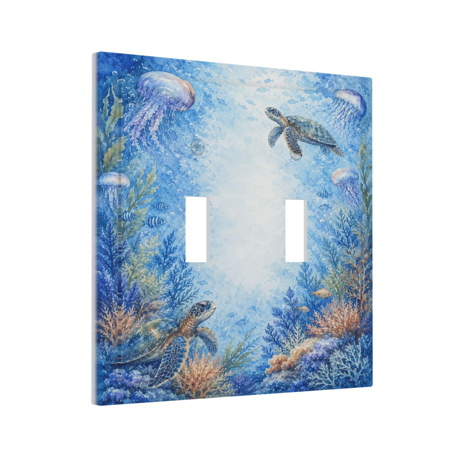 Yamxbfa Decorative Light Switch Cover Plate Blue Underwater Sea Turtle Pastel Jellyfish Coral Seaweed 2 Gang Outlet Covers Double Toggle Wall Plates Switch Plate Covers for Bathroom Decor