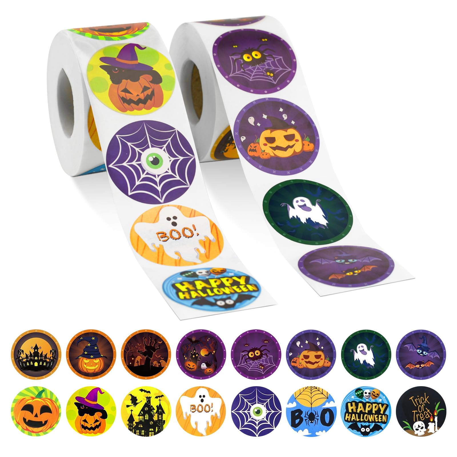 Halloween Stickers Happy Halloween Stickers 1000PCS Halloween Pumpkin Bat Spider Ghost Stickers 1.5 Inch Halloween Sticker Roll for Gift Bags,