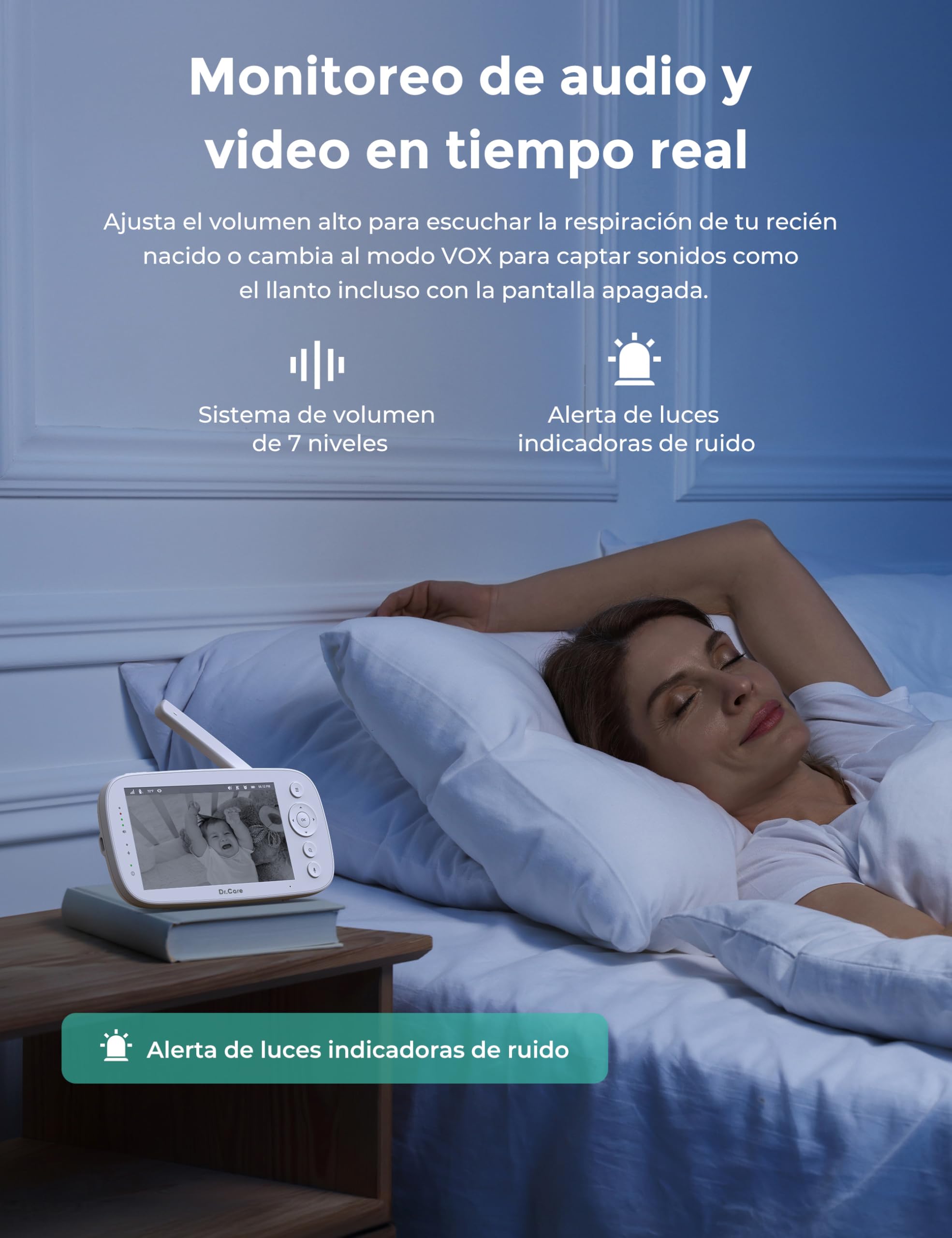 Dr.Care Vigilabebés NovaView Pro con detección de movimiento - Sin WiFi, pantalla de 5" 1080P, batería de 5000 mAh, visión nocturna, zoom 2X/4X, audio bidireccional, cámara giratoria, alcance de 390 m