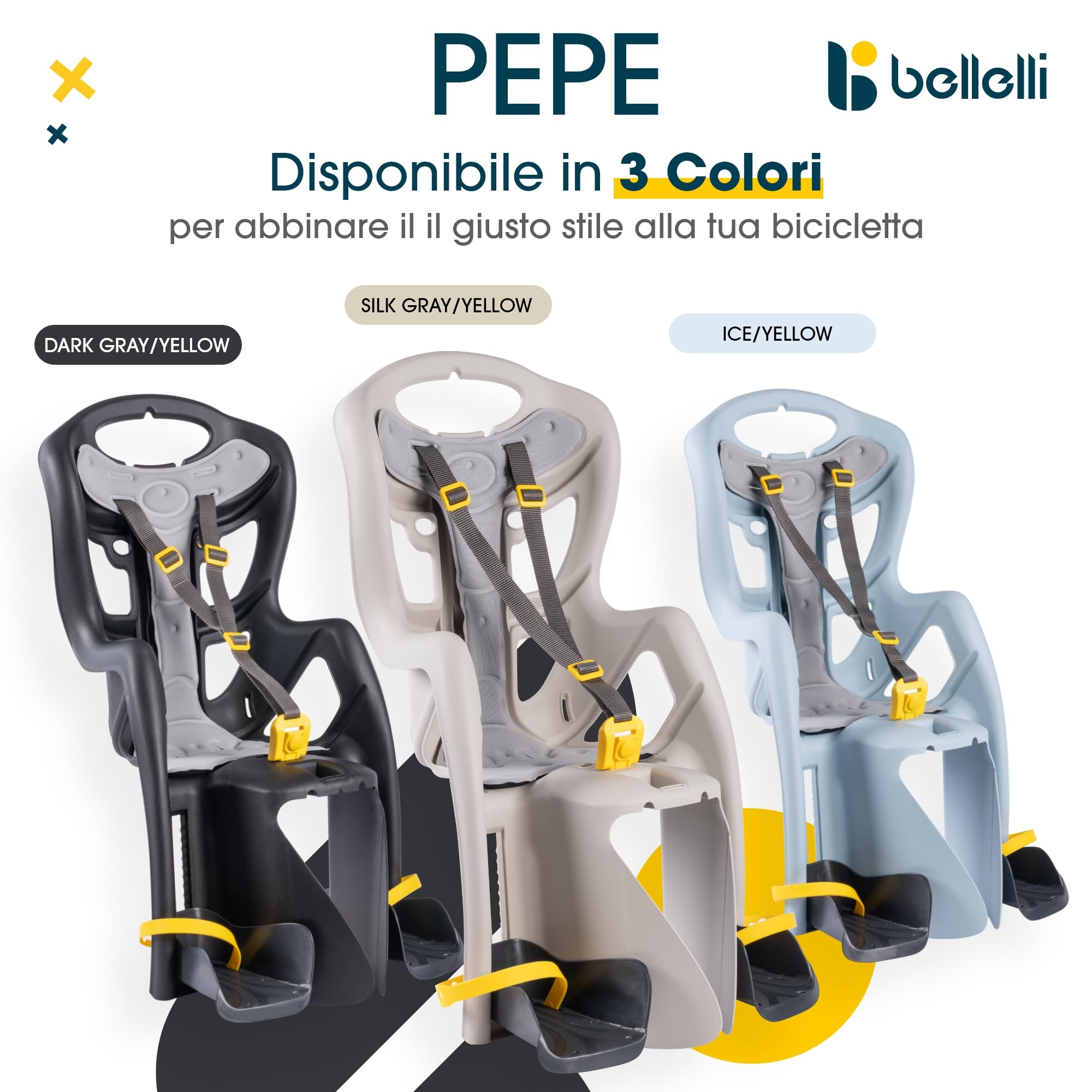 Bellelli | Pepe - Seggiolino Posteriore per Bicicletta - per Bambini Fino a 22 kg, da 3 a 8 Anni - Si Fissa al Telaio - Colore Black