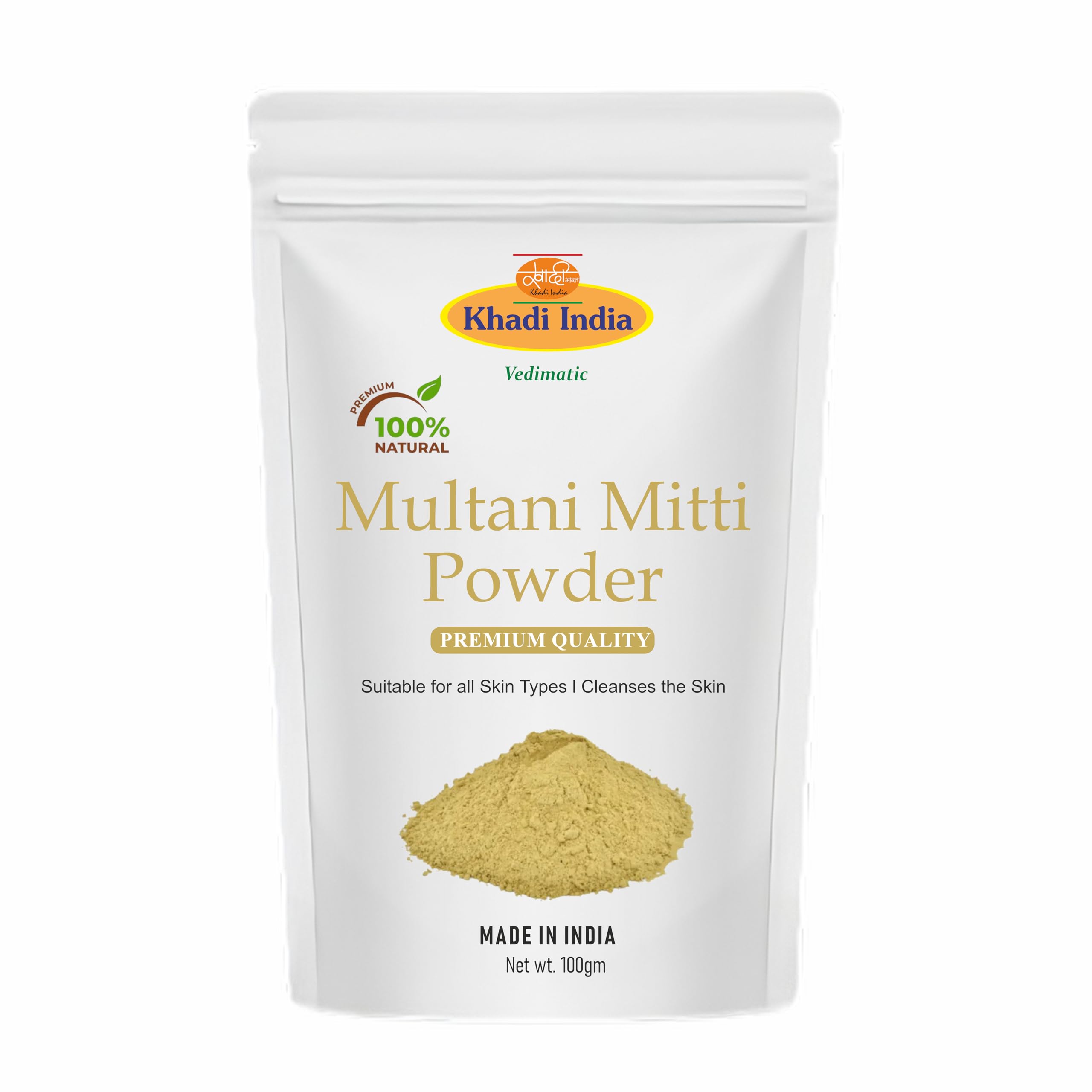 Khadi 100% Pure Herbal Multani Mitti Powder - Lightens & Brightens Skin, Fights Spots & Boosts Glow (Zipper Pouch), Fresh (100gm., MULTANI MITTI)