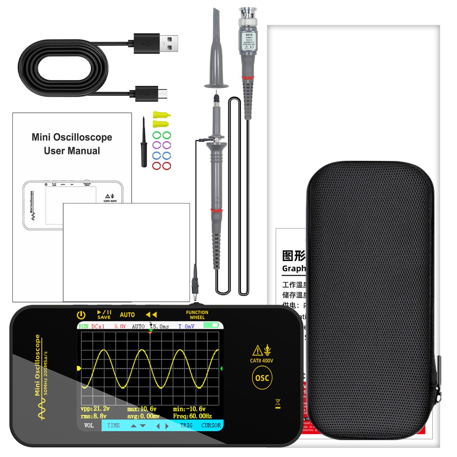 Lxjlxd Handheld Oscilloscope High Frequency Output 200Msps Sampling Rate 3.2Inch 1 Channels Digital Oscilloscope Electronics Testing Tool