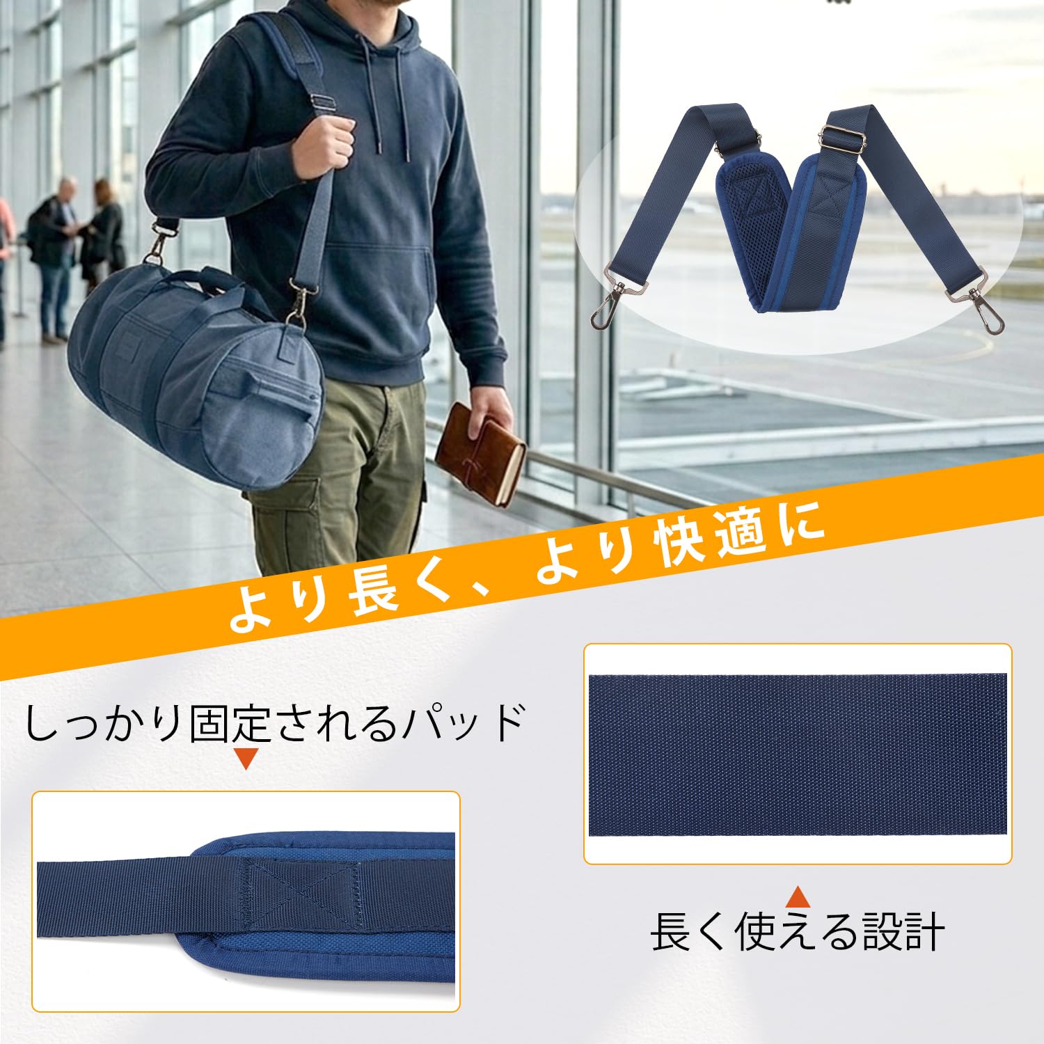 ショルダーストラップ ショルダーベルト150cm 調節可能 肩掛けベルト 3.9cm幅広 単品 水筒 ストラップ ショルダーバッグ メッセンジャーバッグ PC バッグ カメラケース ビジネスバッグ スポーツバッグ ツールバッグ など (濃い青色)