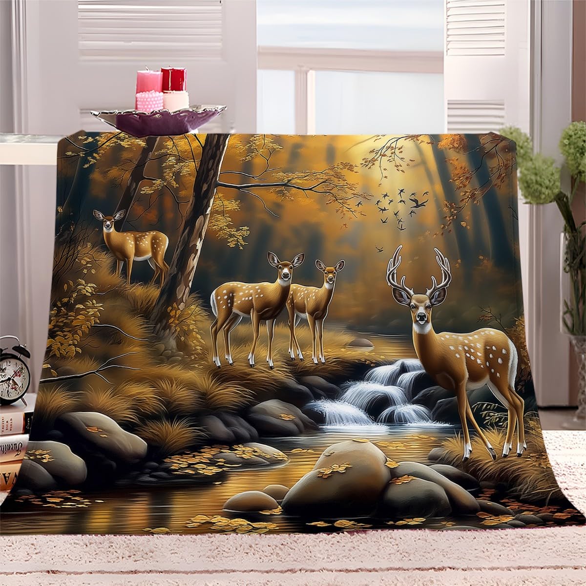 3D Plaid Couverture Polaire 150x200 cm Peinture À l'huile Cerf Animal La Forêt Hiver Chaude Douce Moelleuse Microfibre Couverture de Lit Couvre-lit Jeté de Canapé, Convient Adulte et Enfant