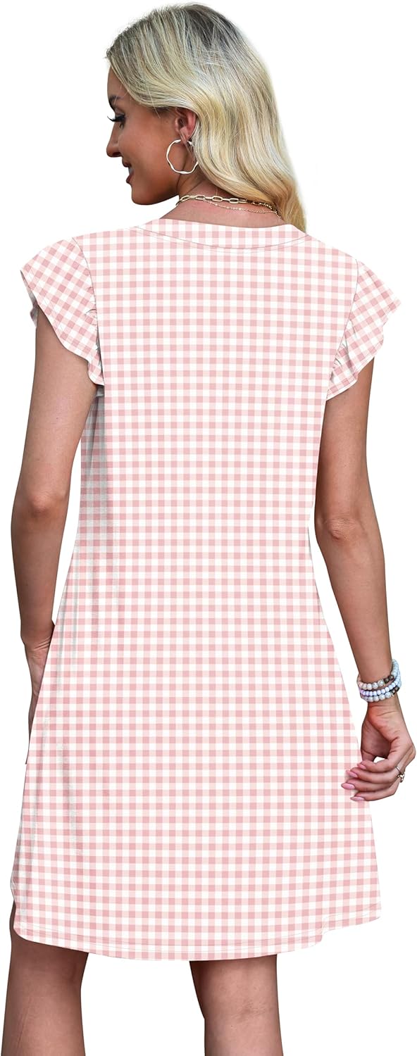 OFEEFAN Spring Summer Dresses for Women 2026 Casual Ruffle Sleeve V Neck Loose Swing Sundresses with Pockets Plain/Print thumbnail