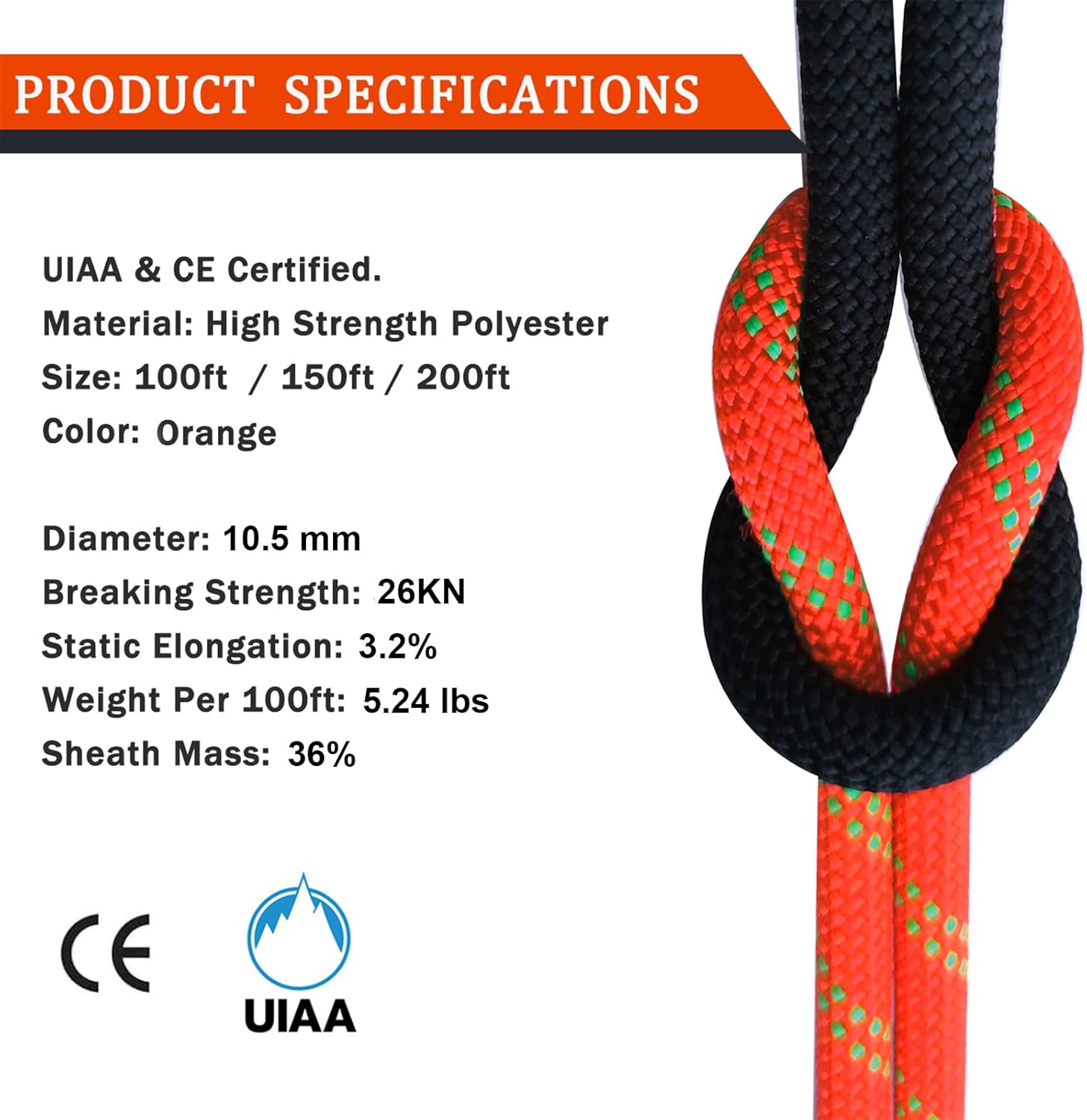 Ratifc Climbing Ropes Static Rope UIAA Rock Climbe Ropes 10.5mm 150FT Rappelling Rope for Mountain Tree Climbing, Rock Climb,Hauling, Rescue,Orange