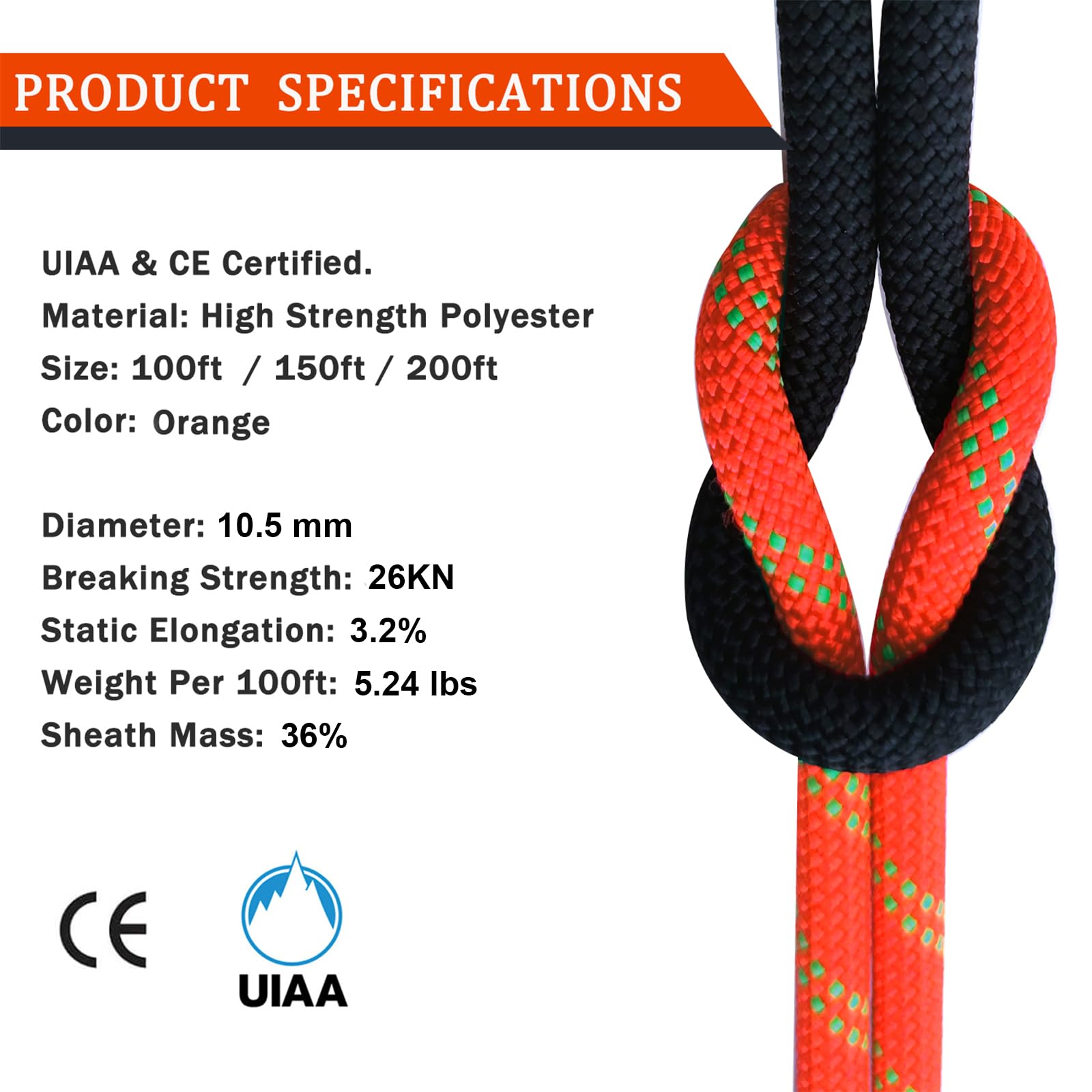 Ritafc Static Rope UIAA Climbing 10.5mm 200FT Rappelling Rope Orange for Mountain Tree Climbing, Rock Climbing,Hauling, Rescue, Climbing Equipment