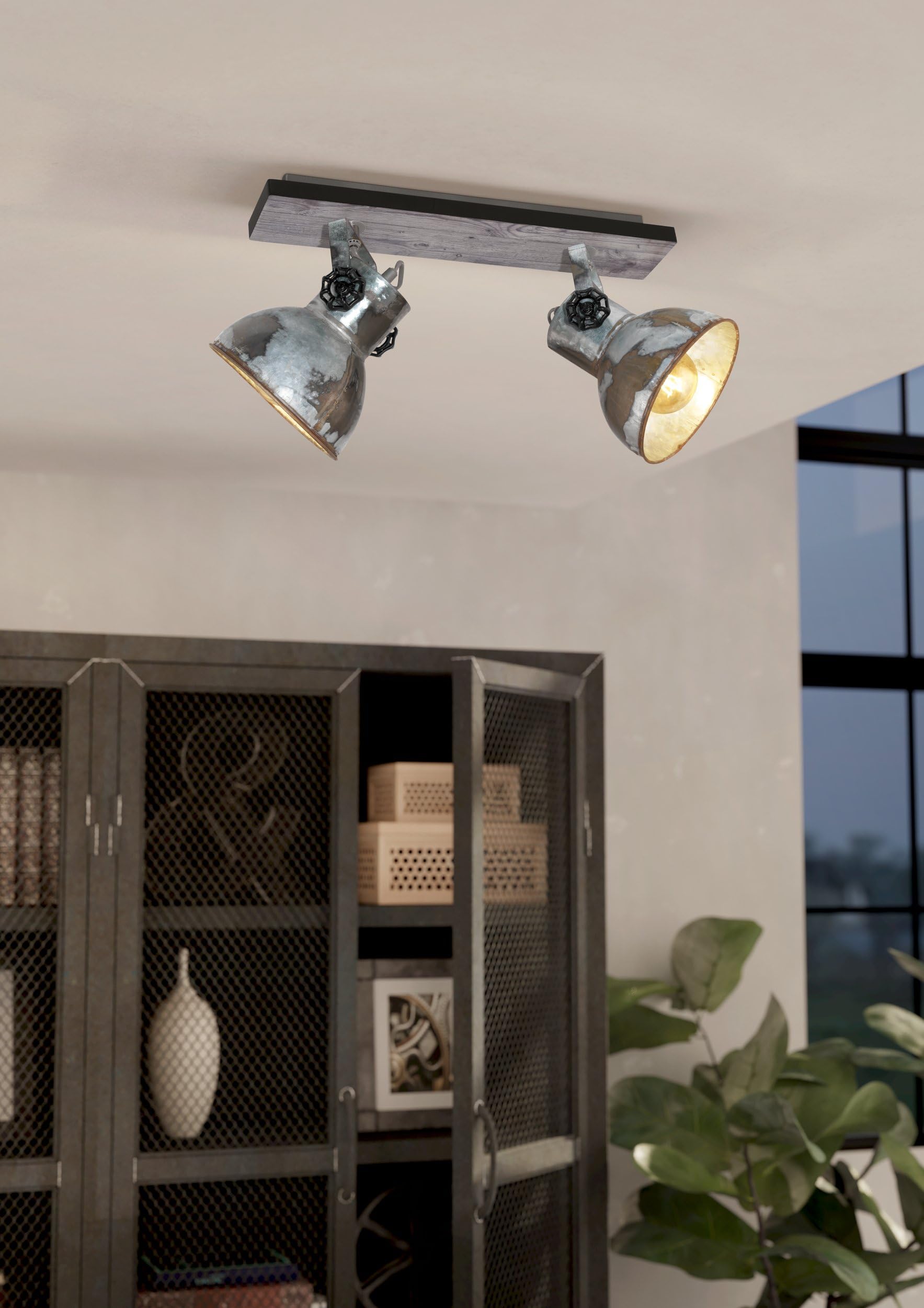 Eglo GLO Barnstaple Lámpara de techo vintage de 2 focos, spot de techo | de diseño industrial, retro, de acero en zinc de aspecto usado, madera, aspecto oxidado, negro, casquillo E27