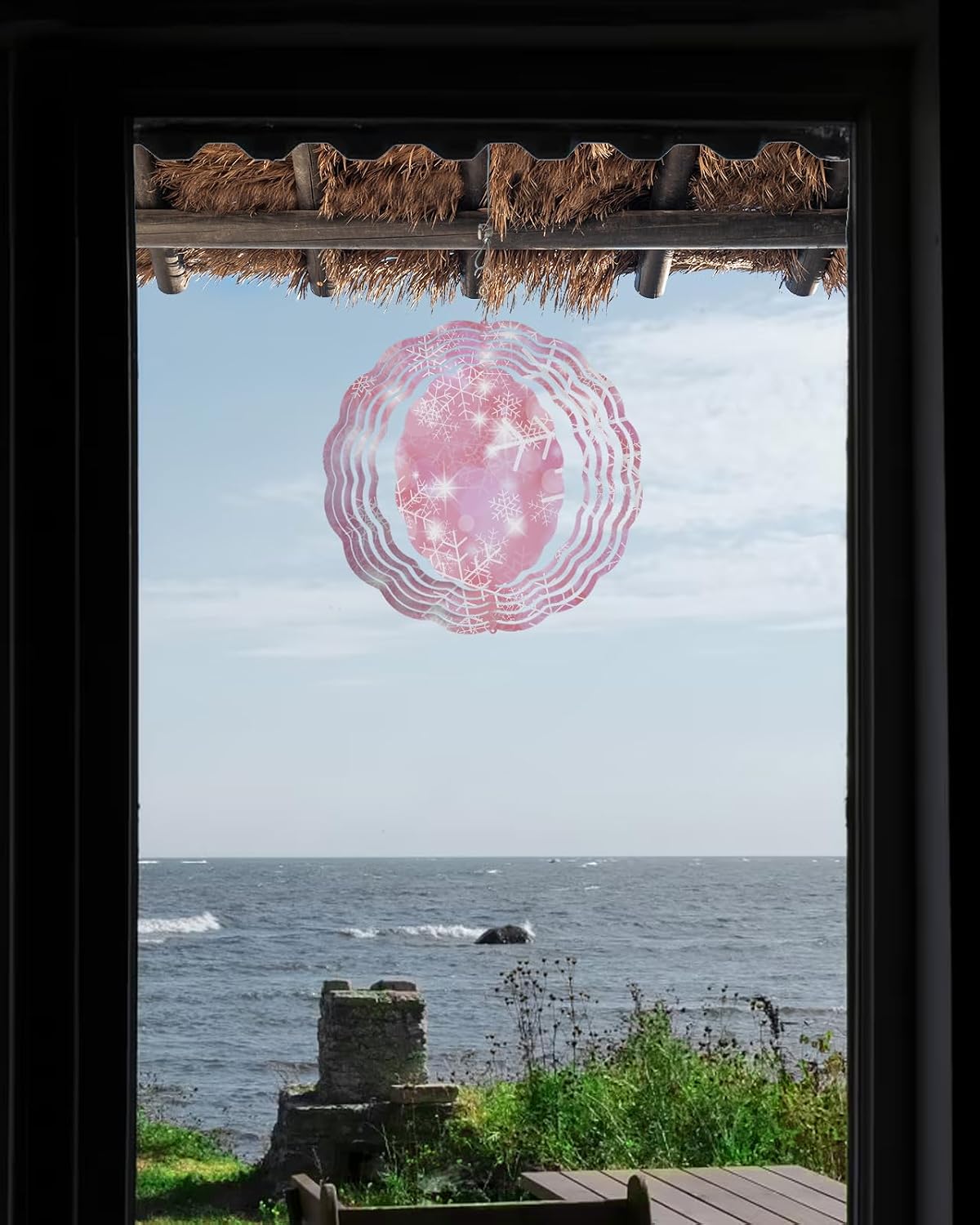 Christmas Wind Spinners, Dreamlike Pink Snowflake Pattern Hanging Wind Spinners for Yard and Garden 3D Stainless Steel Metal Sculptures Crafts Ornaments 12 inch