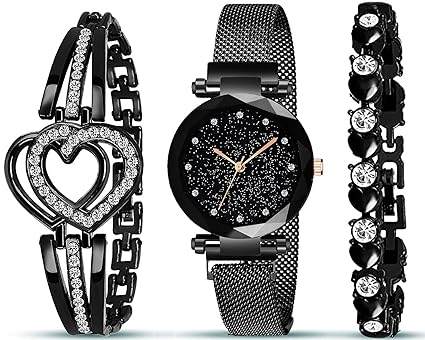 Acnos Brand - A Watch Analogue Diamond Black Dial Magnet Watch with Gift Bracelet for Women or Girls and Watch for Girl or Women(Combo of 3)