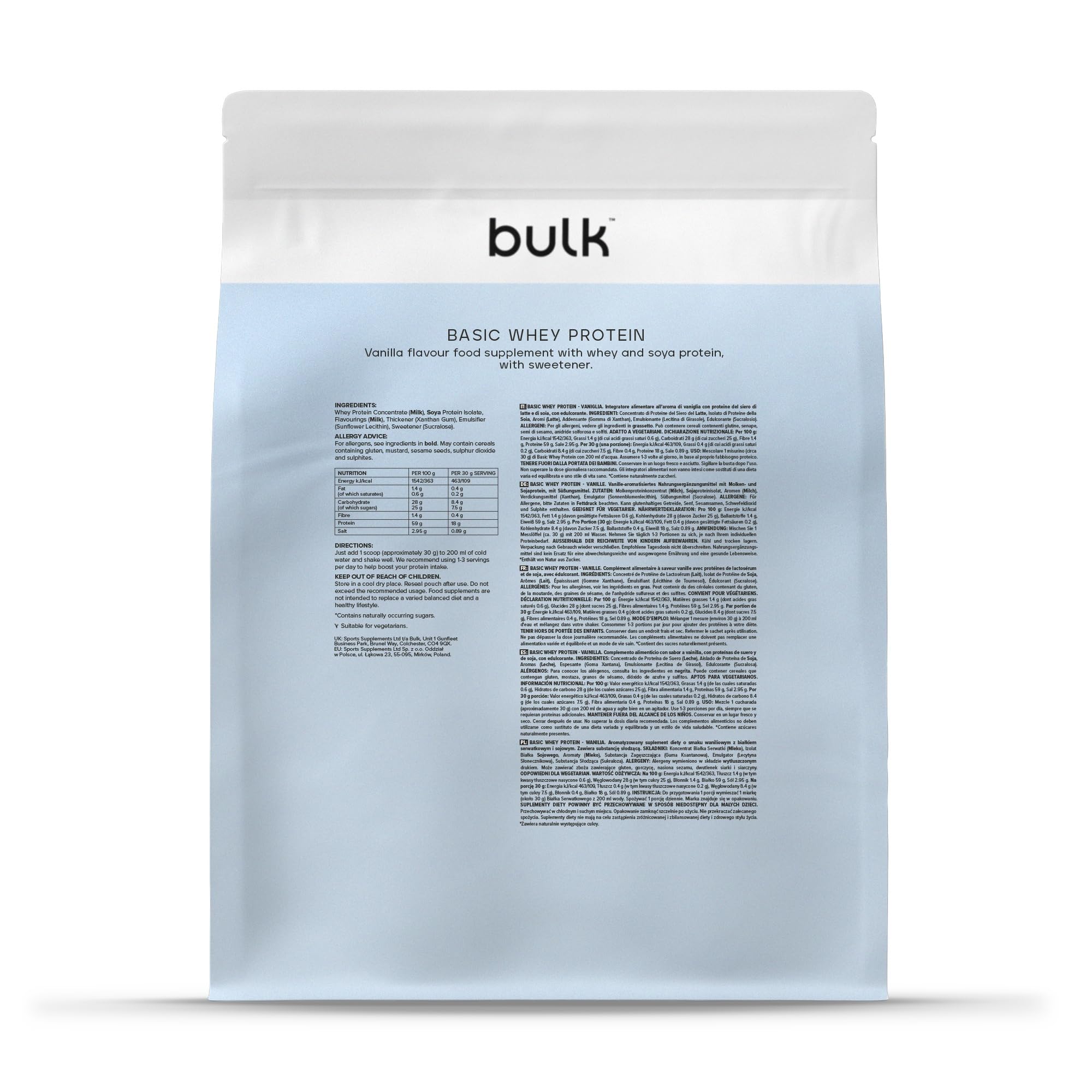 Bulk Basic Whey Protein Pulver | Vanille | 1,25 kg | 41 Portionen | Bis zu 18 g Eiweiß Portion | Zuckerarm | Schnell verdauliche Formel | Fitnessstudio Supplement Unterstützt Muskelaufbau Regeneration