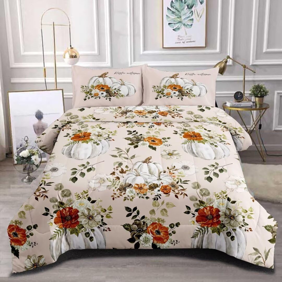 Fall Comforter Set Queen Size(1 Comforter 2 Pillowcases),Fall Pumpkins Bedding Set for Kids Teens Adults,Rustic Floral Quilt All Seasons, Thanksgiving Gift Fall Bed Decor