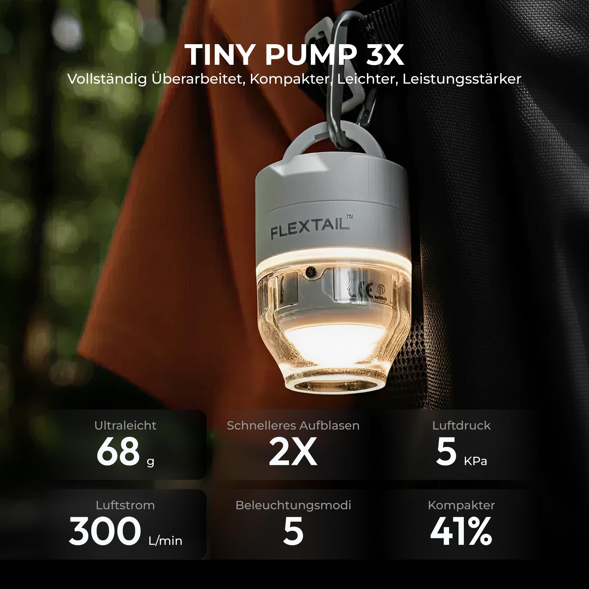 FLEXTAILGEAR Tragbare Elektrische Luftpumpe für Aufbläsartikel, Luftmatratzenpumpe mit 5 Lichtmodi, Geräuscharmer Design, Mini Pumpe für Schlafmatten, Vakuumbeutel, Luftbetten und Poolspielzeug