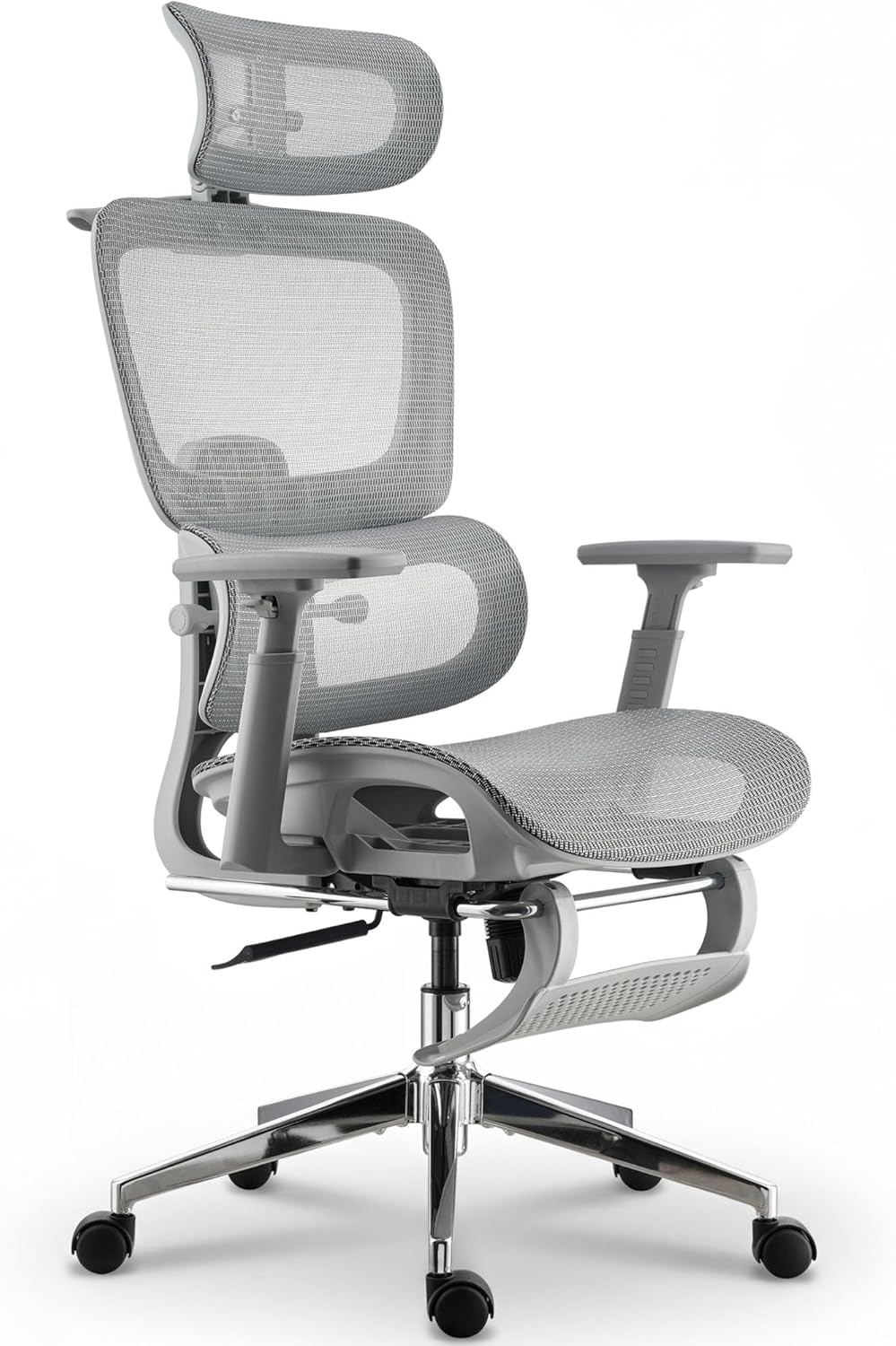 Ergonomic Office Chair, Home Mesh Desk Computer Chair, Comfortable Gaming Chair with Footrest, Wheels, Adjustable 2D Headrest, Lumbar Support, High Back and 3D Armrest, Grey