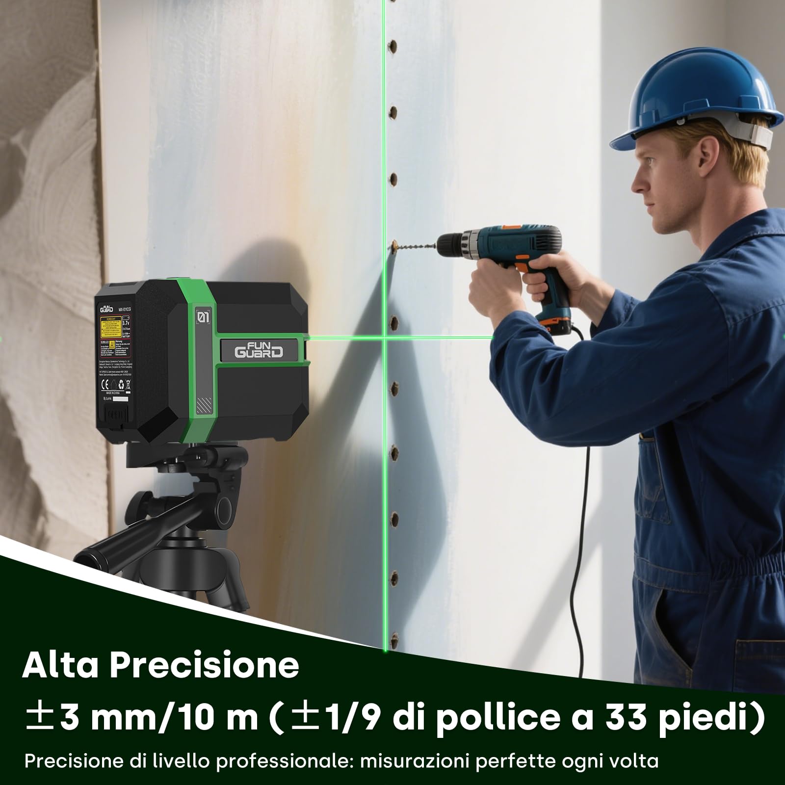 Livella Laser con treppiede, Verde Autolivellante Modulo Laser Doppio 50M, 3 Modalità per Passare Orizzontale/Verticale, Modalità a impulsi, USB Ricarica, IP54 per Cantieri,DIY