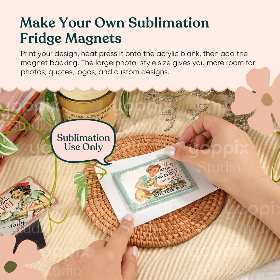 YOPPIX 24PCS Sublimation Fridge Magnet Blanks, 3 x 2.16” Acrylic Magnet Kit | A Hot Press is Required, Sublimation Acrylic Blanks, with 24 Soft Magnetic Sheets for Personalized Kitchen Crafts Supplies