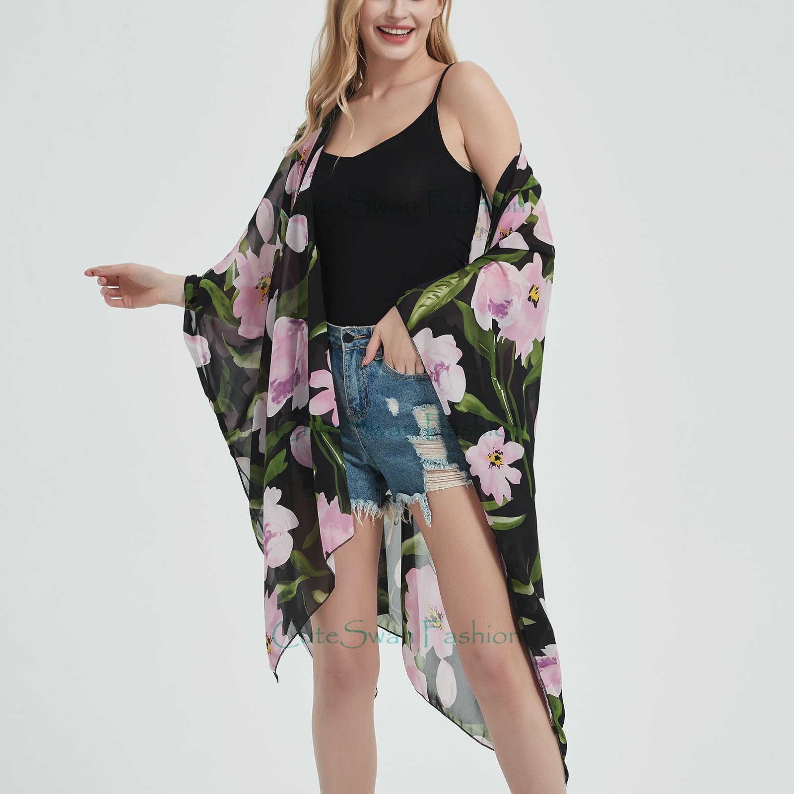 Cardigan kimono en mousseline de soie à imprimé floral pour femme, cardigan ample décontracté long bohème transparent