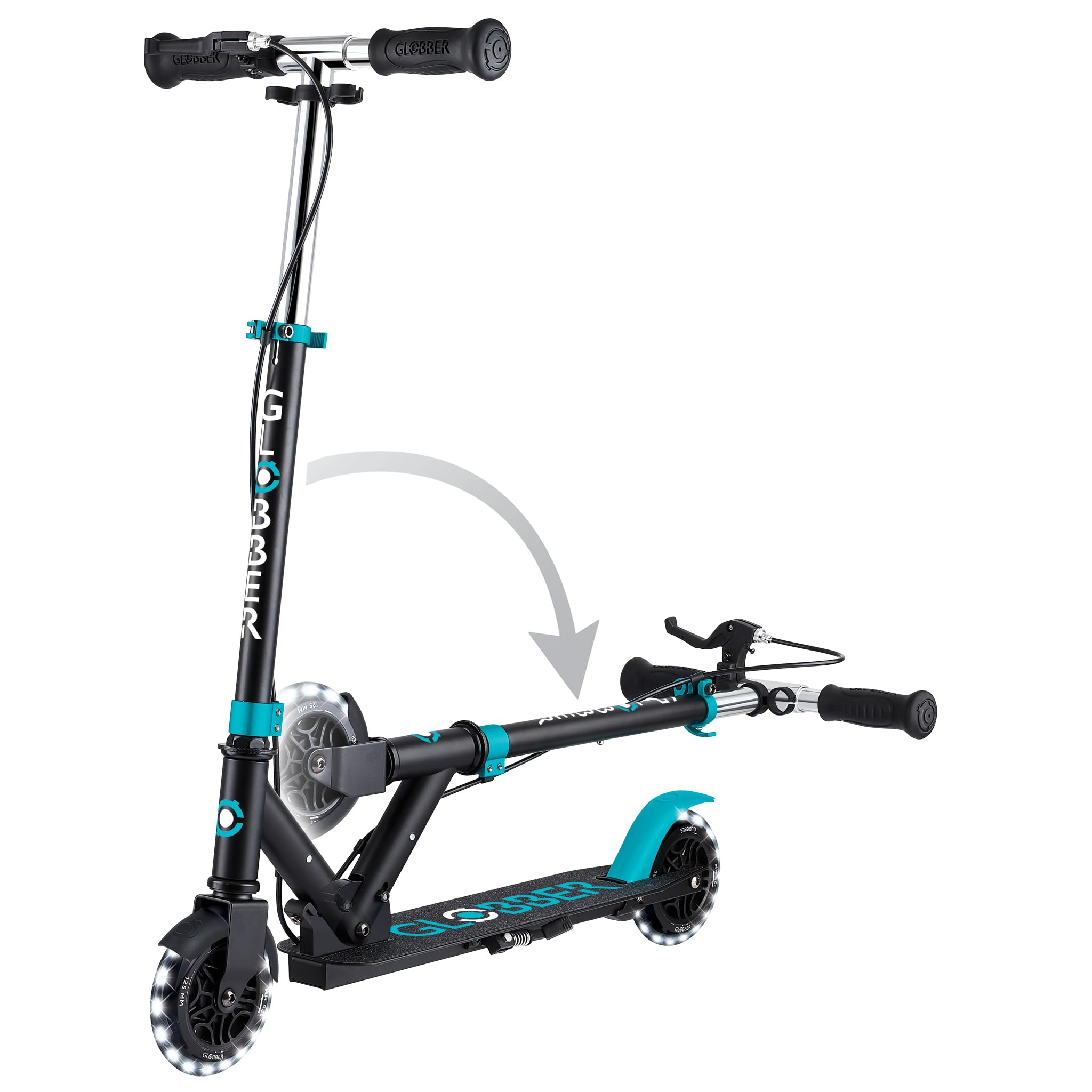 Globber FLOW ELEMENT JUNIOR LIGHTS składana hulajnoga na 2 koła z hamulcem tylnym, regulowaną kierownicą i diodami LED, dla dzieci w wieku od 4 lat, turkusowa
