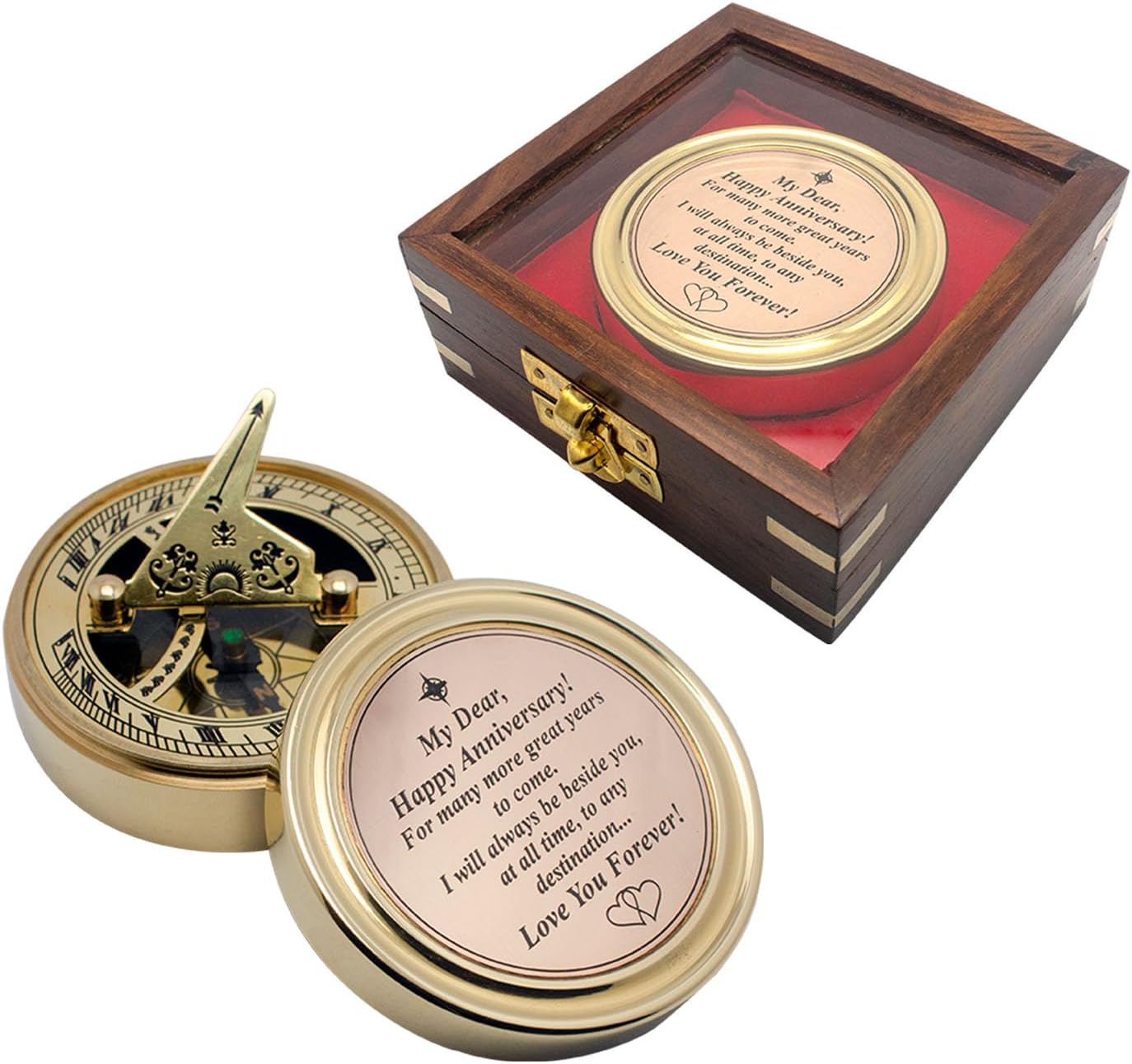 Personalized Anniversary Brass Sundial Compass with Romantic Message, Wooden Box Included Gift for her him