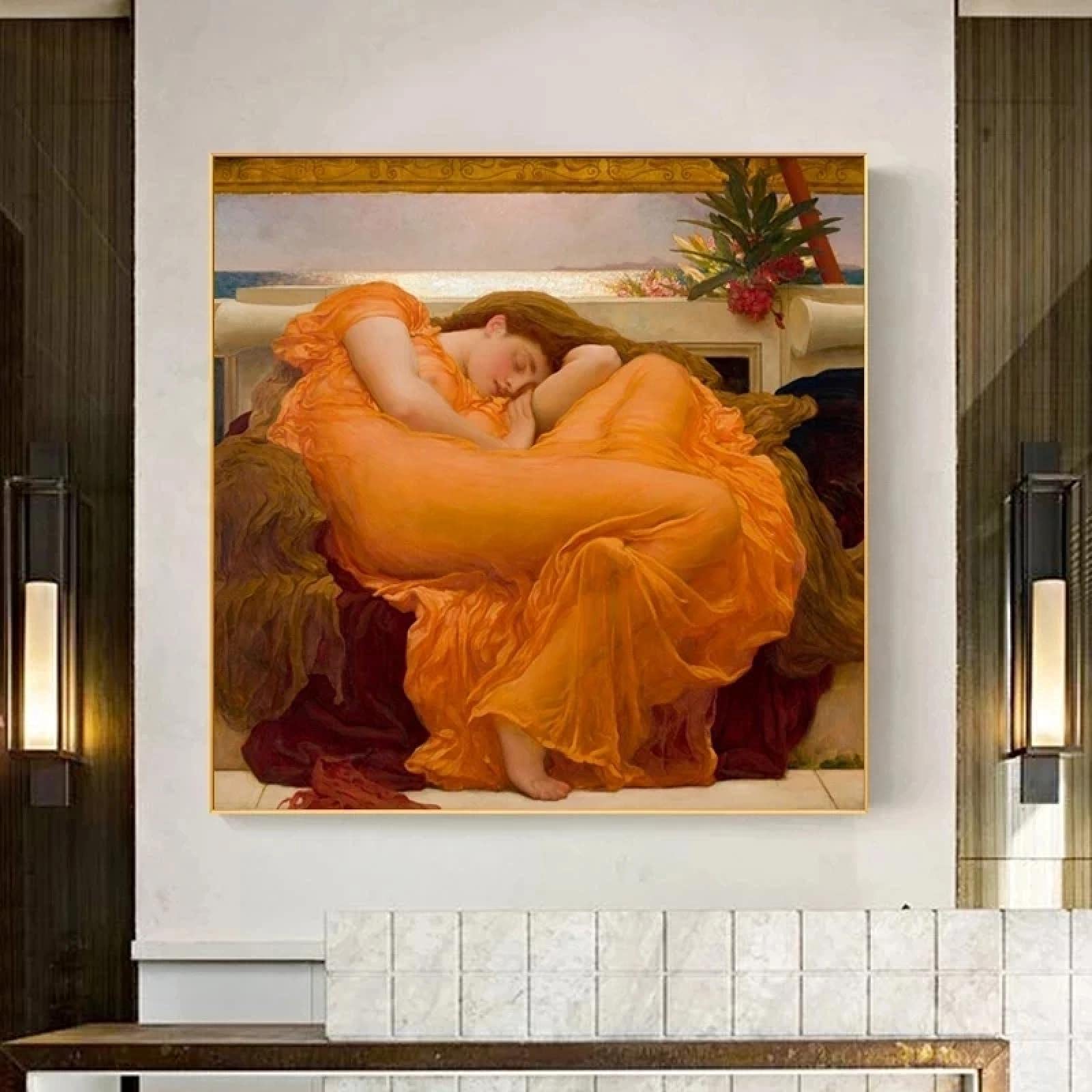 Famous Painting Flaming June by Frederic Leighton Canvas Prints Classic Wall Art Decorative Picture for Room Decor 70x70cm Frameless
