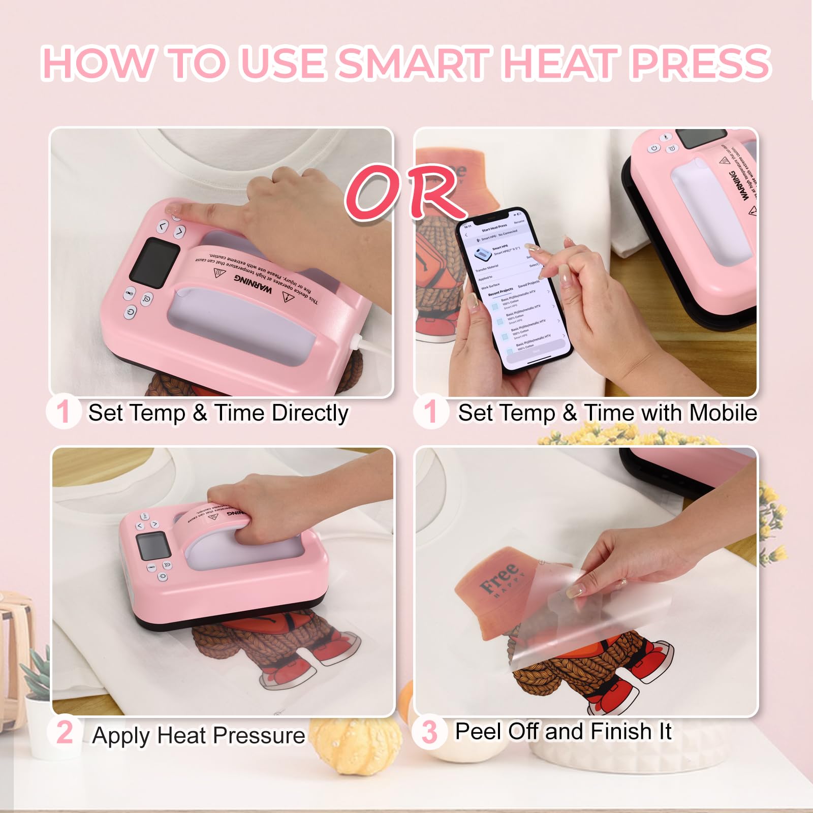 Mini-Heißpresse für T-Shirts, pink, 17 x 12 cm, tragbar, mit App-Steuerung, automatischer Abschaltung, isolierter Sicherheitsbasis, ideal für Sublimation, HTV-Vinyl-DIY-Projekte und Transferdruck