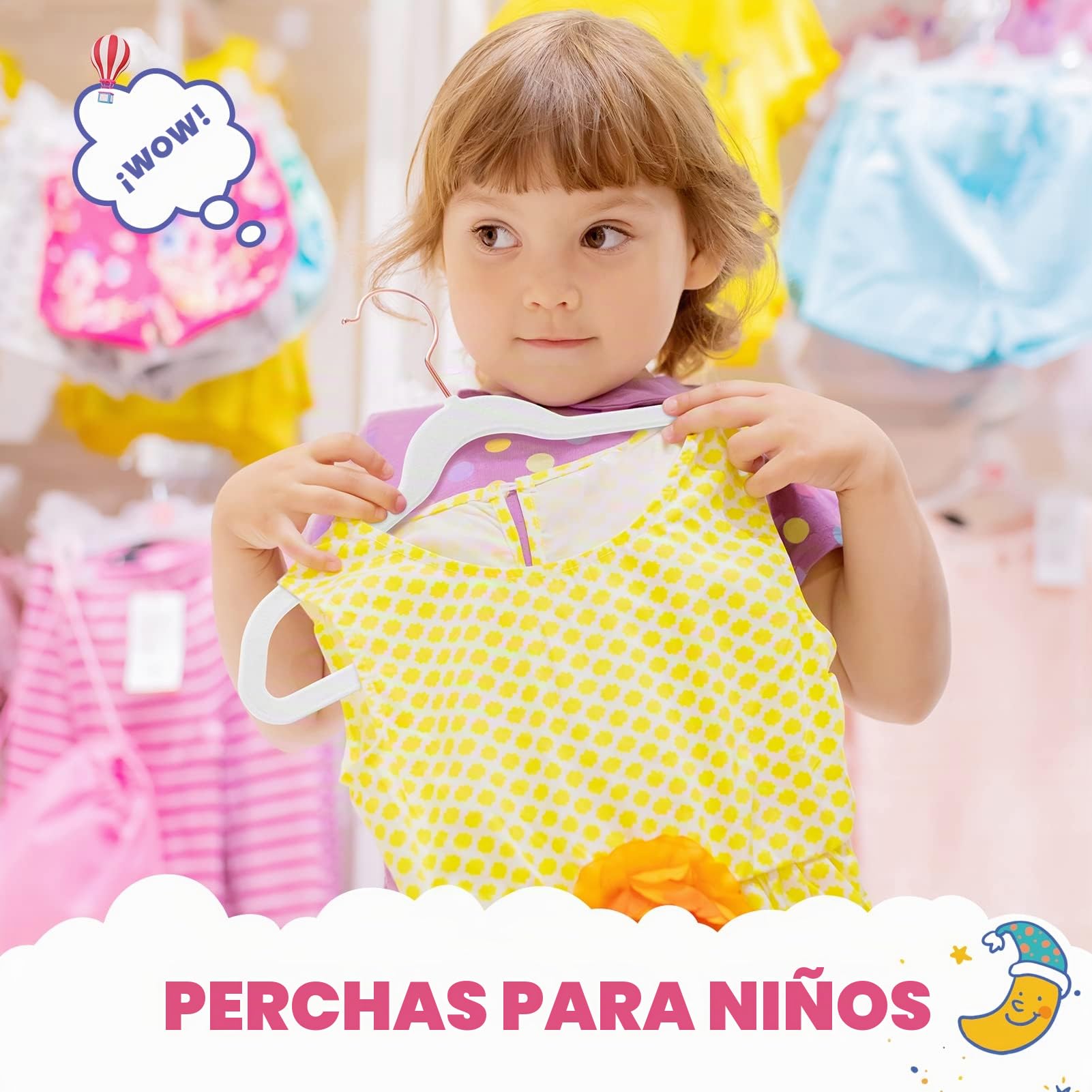 HOUSE DAY Perchas de terciopelo prémium para niños (paquete de 60) con ganchos dorados, ultradelgadas, para ahorrar espacio, perchas antideslizantes para faldas de niños, pantalones de vestir, perchas