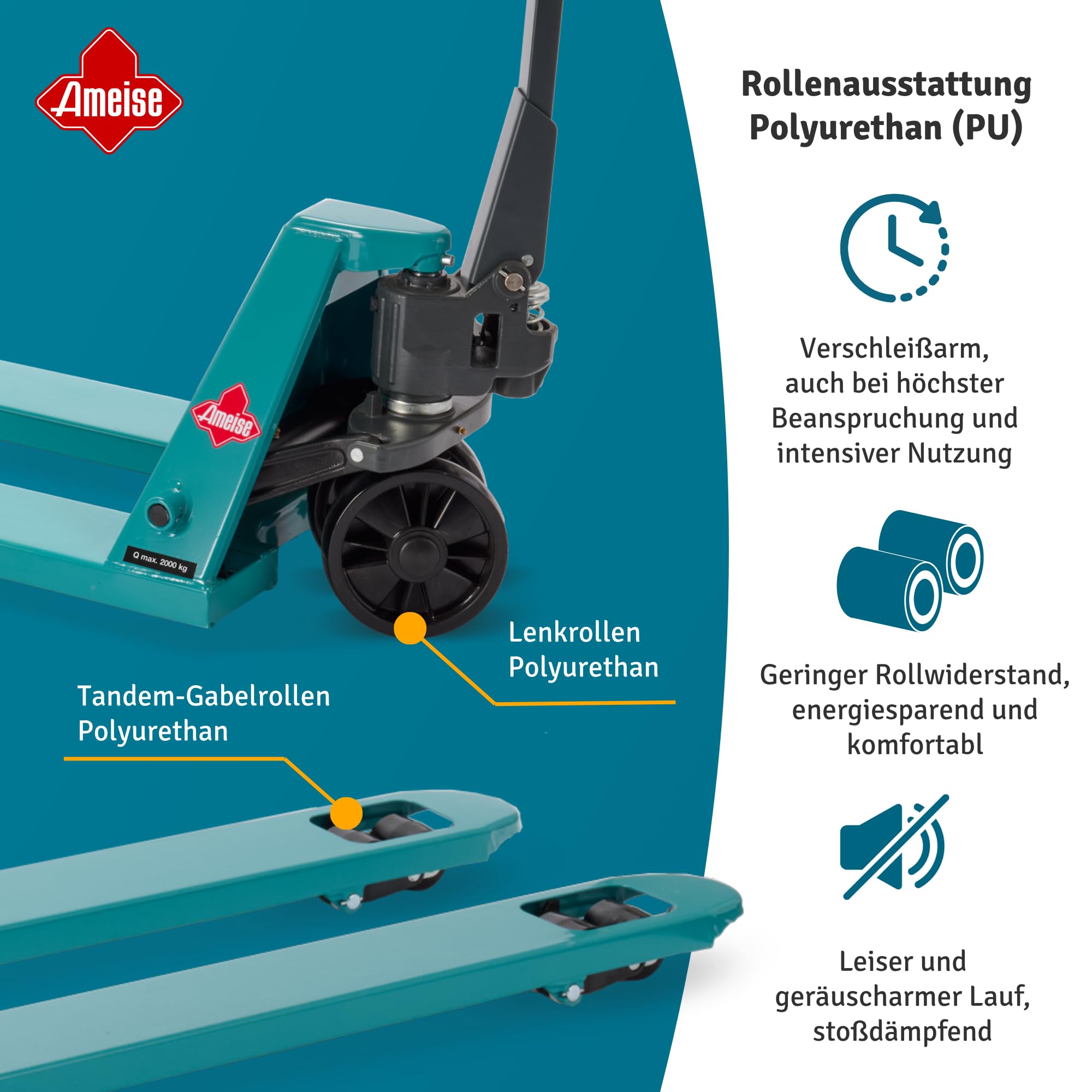 Ameise Hubwagen PTM lang | 2.000 kg Tragkraft | 1.500 mm Gabellänge | Lenkrad/Gabelrolle aus robustem Polyurethan | Tandem-Gabelrollen | Palettenhubwagen