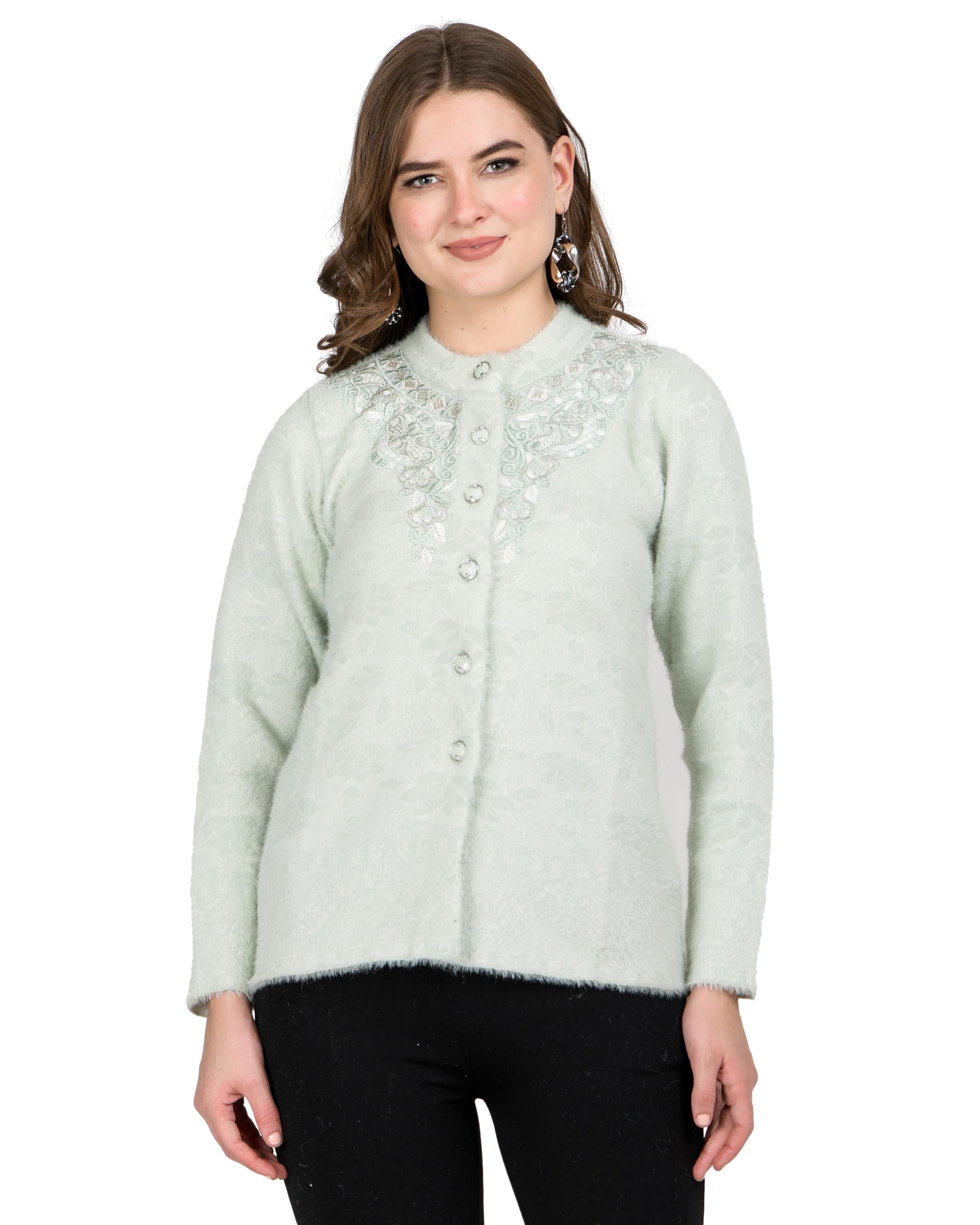 ladywillington Lady Willington Women Woolen Round Neck Self Design Cardigan Heavy Hair Fabric Cardigan Winter Wear Pure Wool Cardigan for Women Free Size Long Cotty Fully Warm Cardigan Free Sizes-picture-35