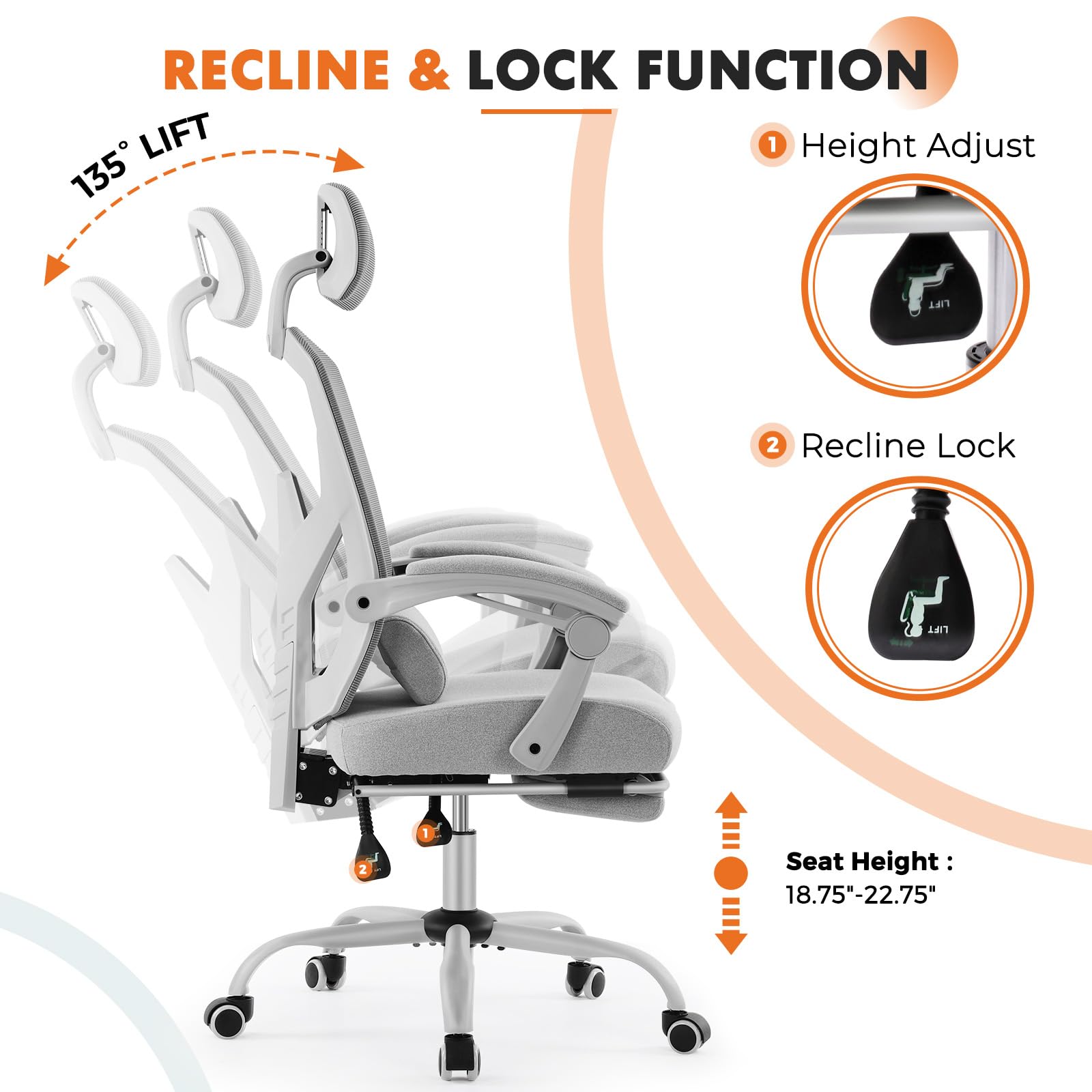 Sweetcrispy Office Computer Desk Chair with Footrest,Ergonomic High-Back Mesh Rolling Work Swivel Chairs with Wheels,Comfortable Lumbar Support,Comfy Arms for Home,Bedroom,Study,Student,Light Grey