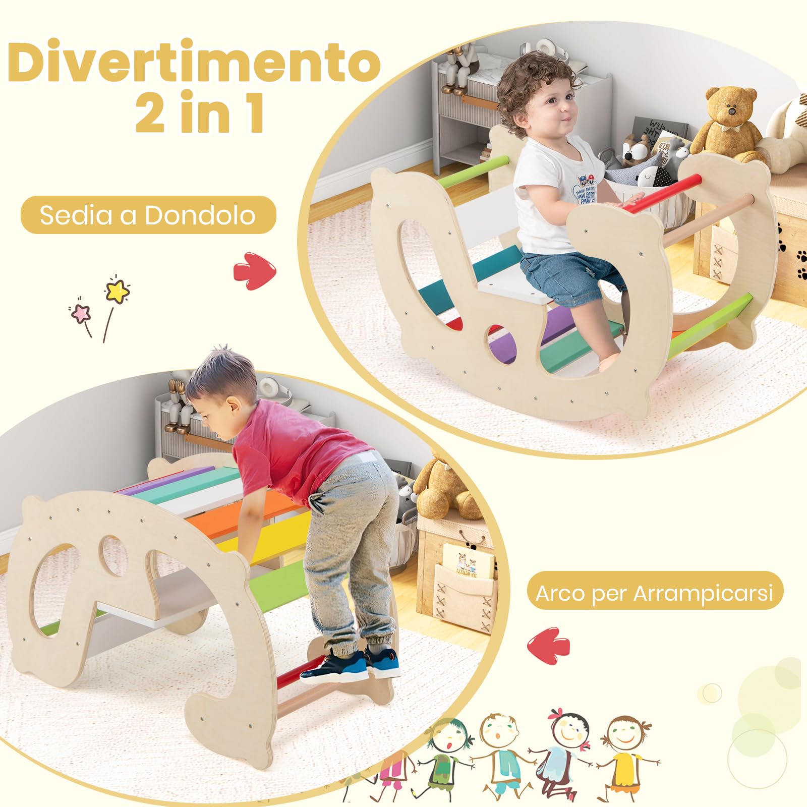 GYMAX 2 in 1 Arco a Dondolo per Bambini, Set Arrampicata Montessori e Cavallo a Dondolo in Legno con Schienale e Sedile, Giostra Interna in Palestra per Giochi Didattici, Regalo per Ragazzi 1+ Anni