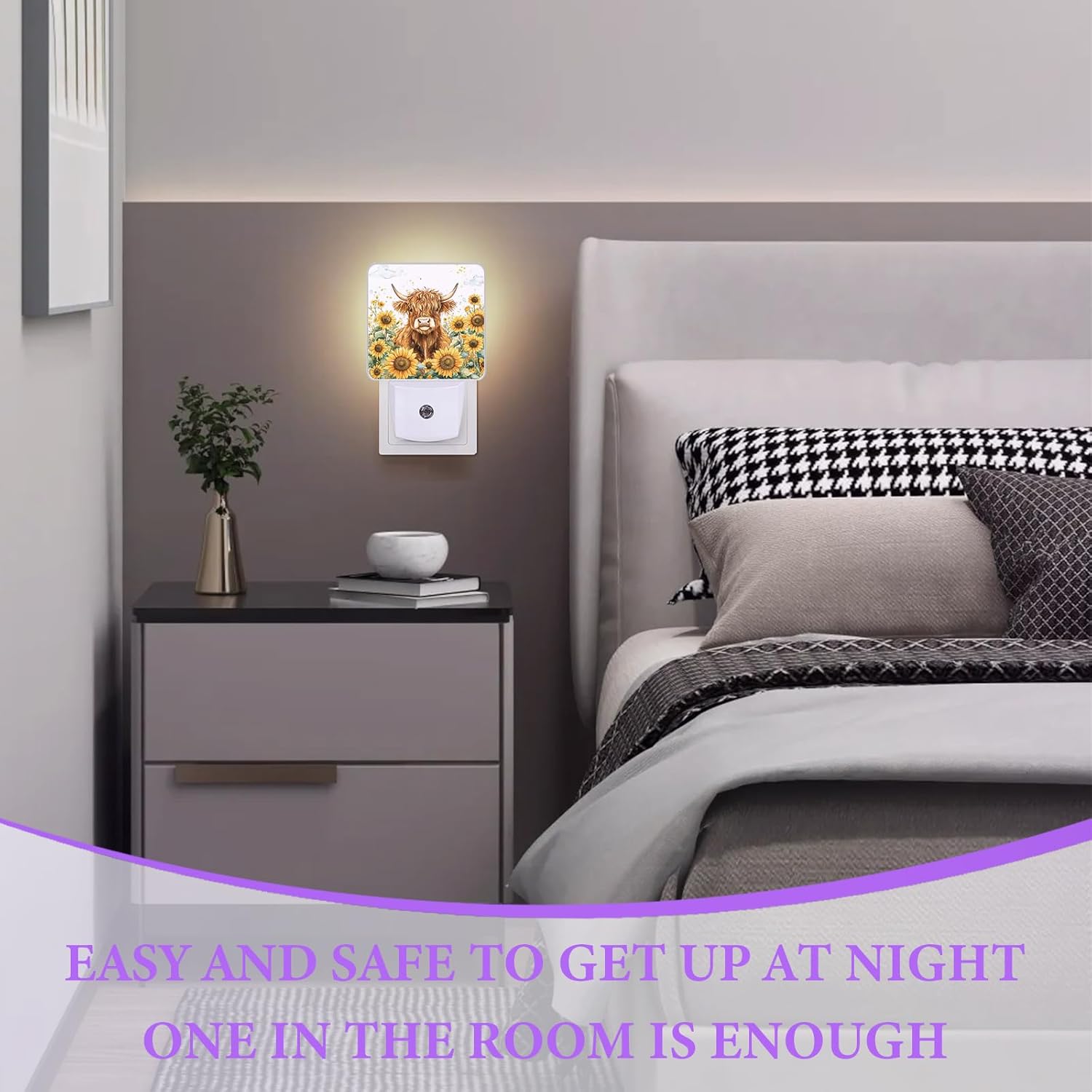 Highland Cow Night Light,Sunflower Night Lights Plug into Wall,Led Lamp for Stairway/Hallway/Bedroom 0.5W Nightlight Sleep Friendly