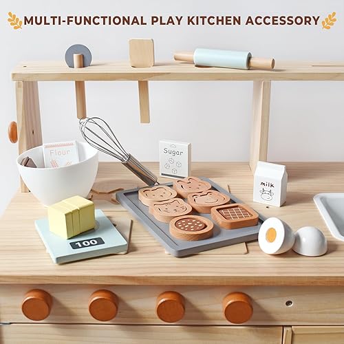 Miniatura 6 de PairPear Juego de galletas de juguete de madera y horneado, juego de 28 piezas para niños, juego de cocina, accesorios de cocina, regalo para niños