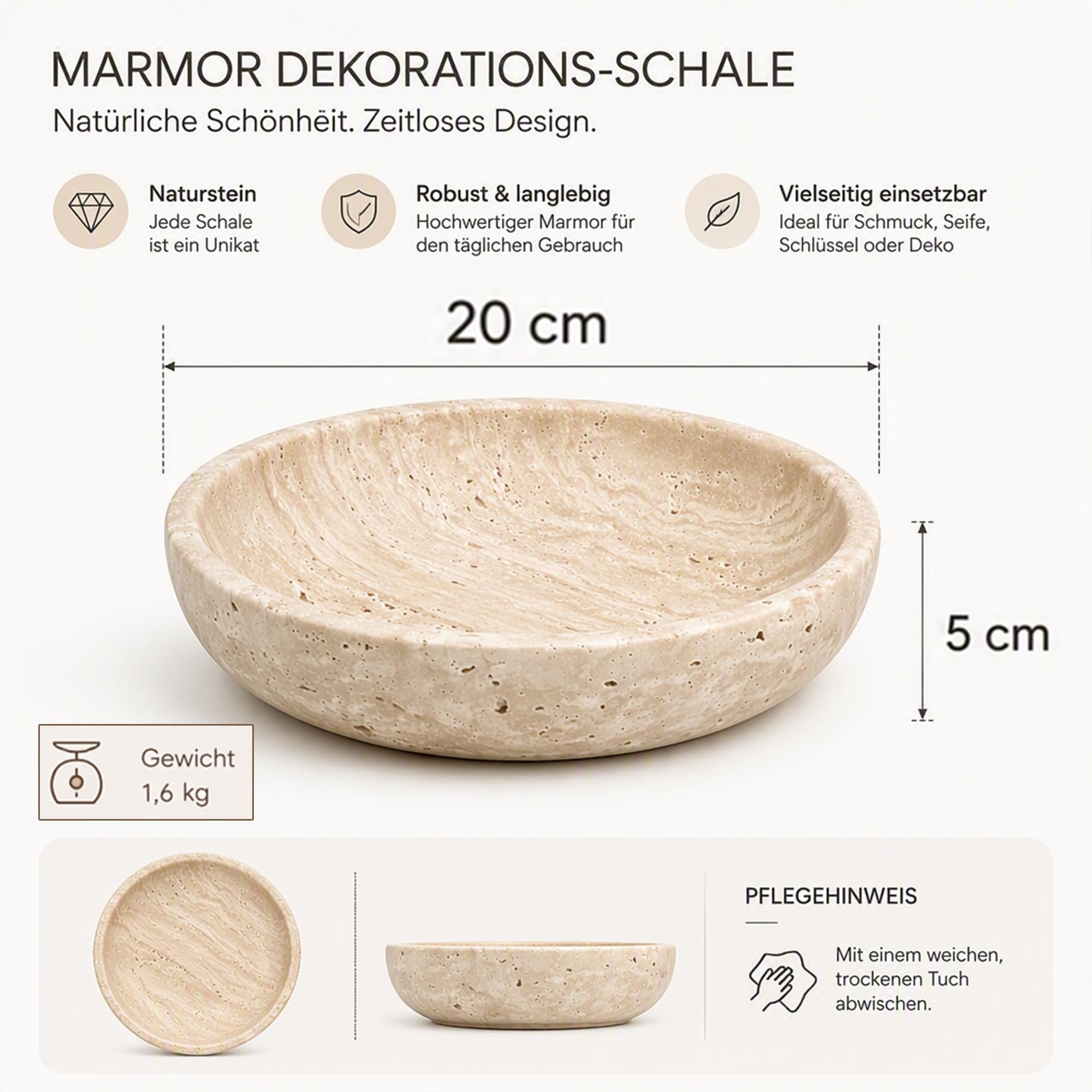 Travertin Schale, 20cm Runde Tablett, Travertinschale Moderne Dekoration