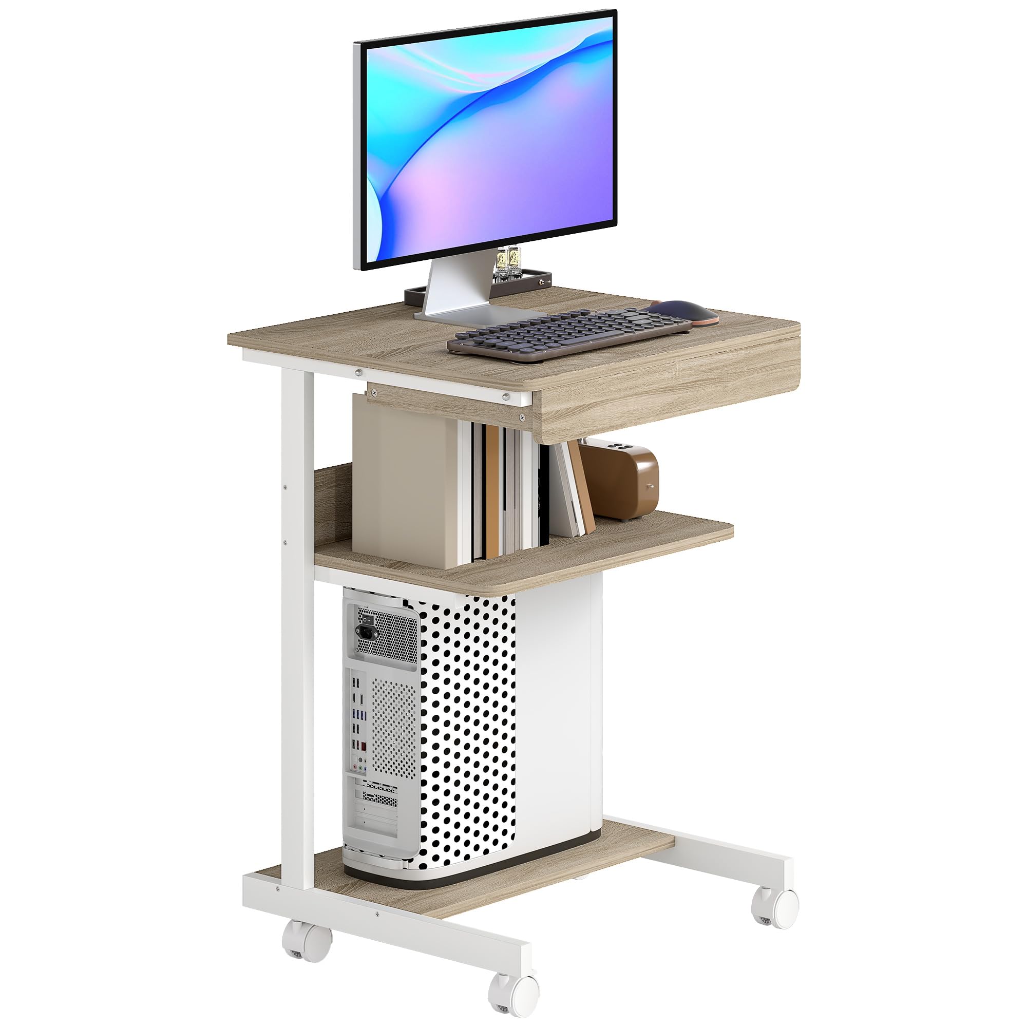 HOMCOM Scrivania Tavolo per Computer, Cassetto, 4 Rotelle, 56x51 cm, Rovere | Scrivania da Ufficio, 4 Rotelle, 2 Ripiani Aperti, Postazione di Lavoro con Supporto CPU, per Studio