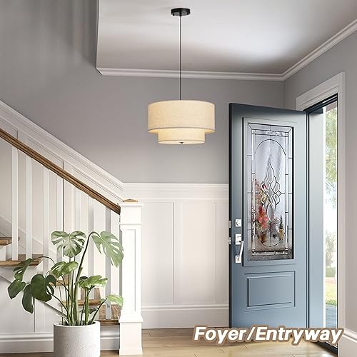 Miniatura 8 de Lámpara colgante moderna de doble tambor de 18 pulgadas, lámpara de techo colgante grande con pantalla de tela de doble capa, ideal para comedor,