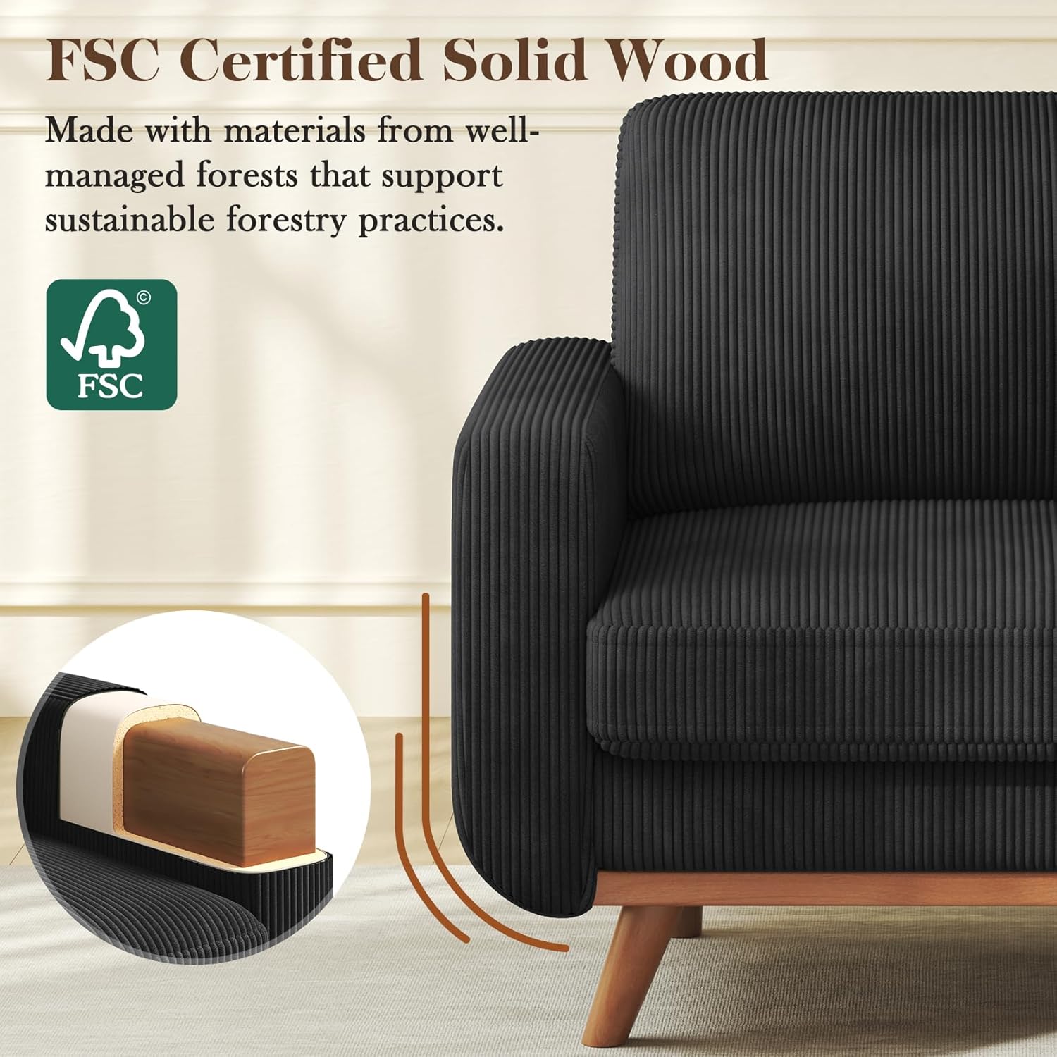 38.5" Black Corduroy Accent Chair, Comfy Deep Seat Armchair with Spring Cushion, Modern Reading Sofa for Living Room Bedroom