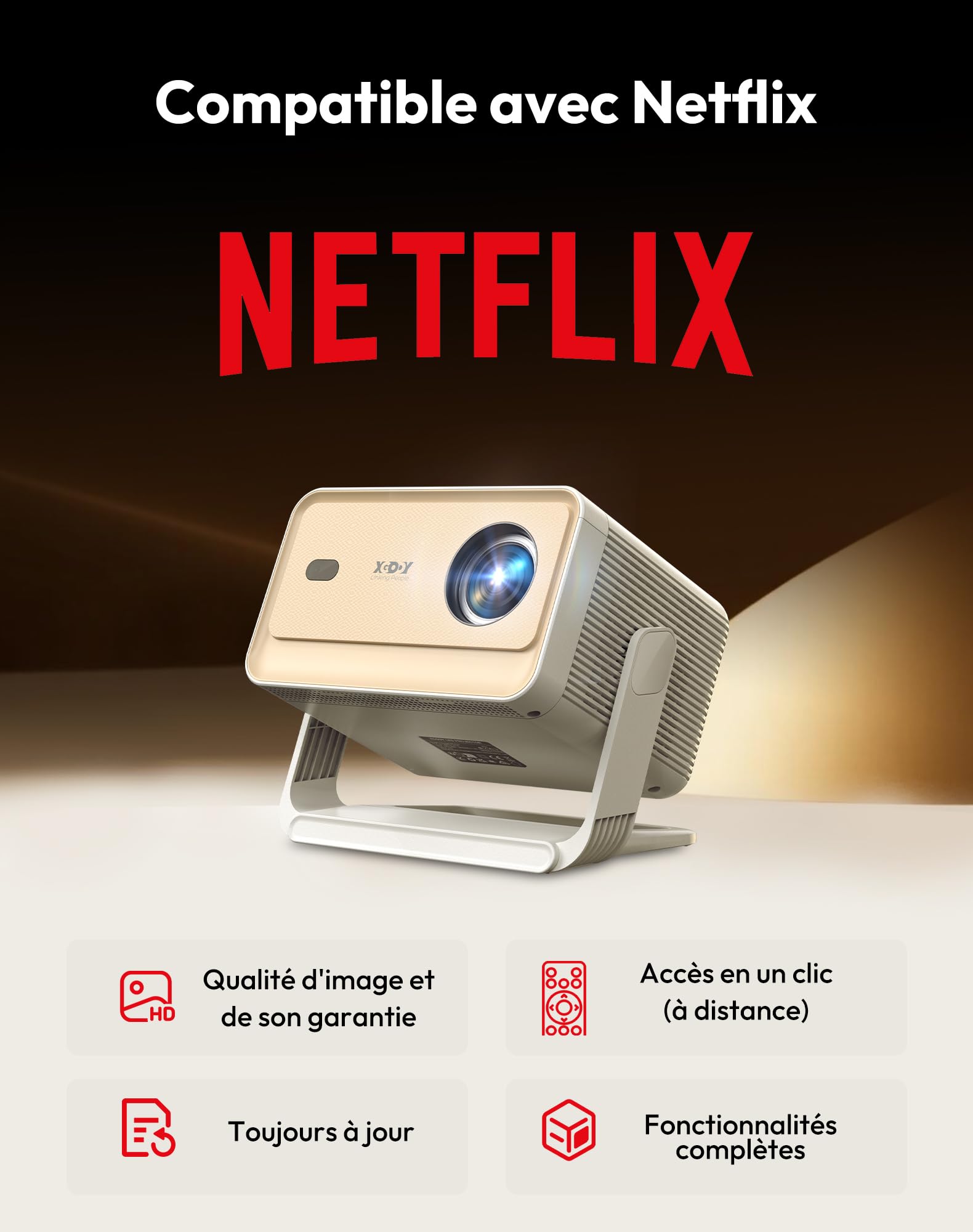 Xgody N6 Pro Vidéoprojecteur Compatible avec Netflix – 1080P Natif (Compatible 4K), 700 ANSI, Autofocus, Correction Trapézoïdale Auto, Commande Vocale, WiFi 6, Bluetooth, Cinéma Extérieur, Home Cinéma