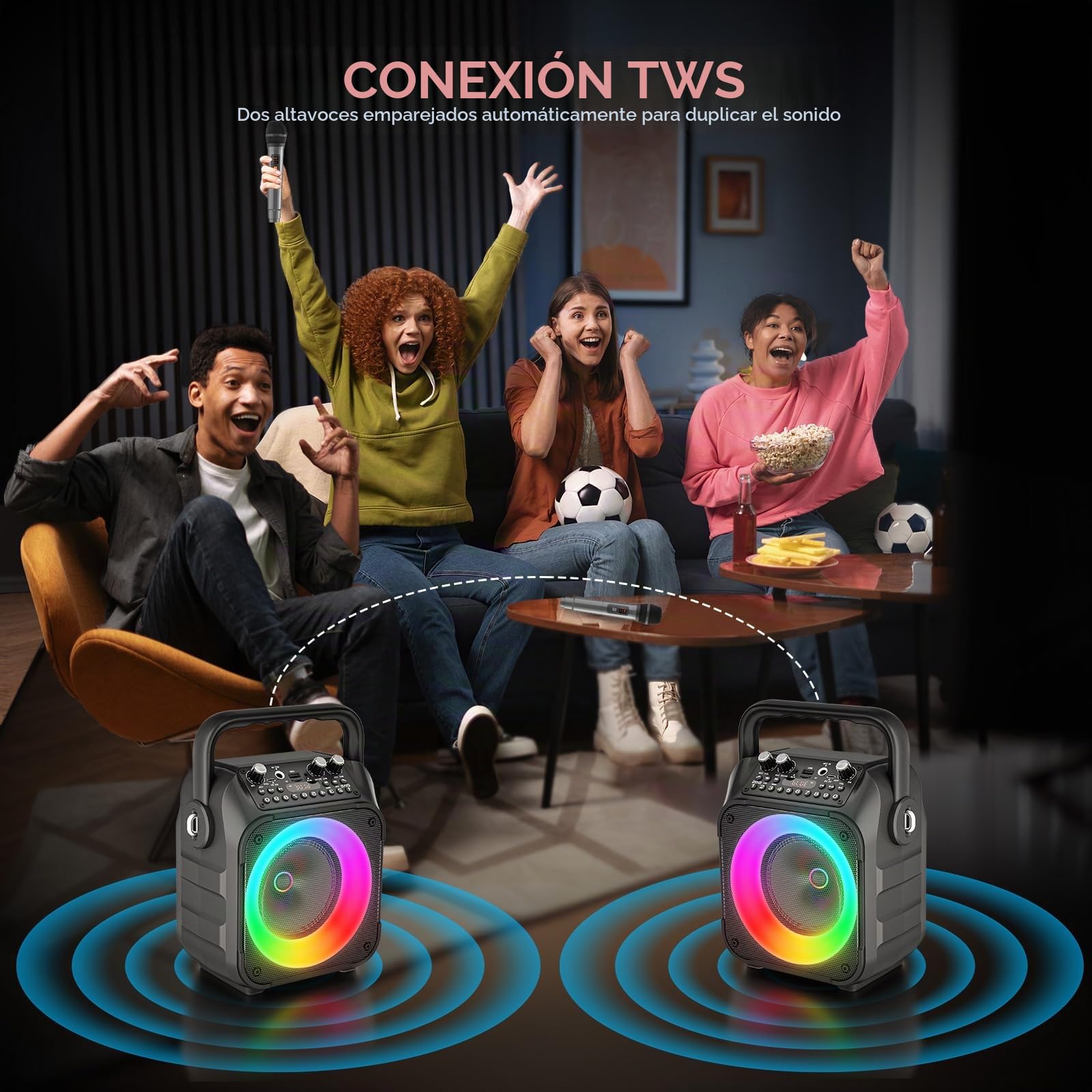 Karaoke 2 Microfonos Inalambricos Ankuka [Versión Actualizada] Altavoz con Microfono de 12W con Subwoofer de 6,5", Autonomía de 8H, Soporta TV/Smartphone/TWS/AUX/USB, Regalo para Niños y Adultos