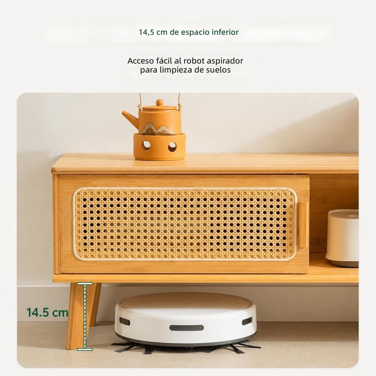 Set Tavolino da Salotto e Mobile TV Stile Giapponese, Mobile Basso con Ante Scorrevoli Intrecciate in Rattan per Piccoli Spazi