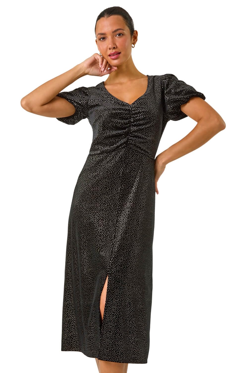 Roman Women's Black Velvet Ruched Front Stretch Midi Dress Size 16