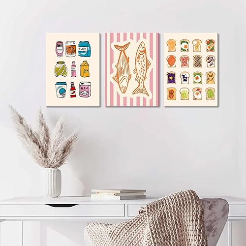 Miniatura 6 de Juego de 3 pinturas artísticas de pared de cocina divertidas, con diseño de aguacate y tostadas de aguacate, cuadro vintage de acuarela de sardinas